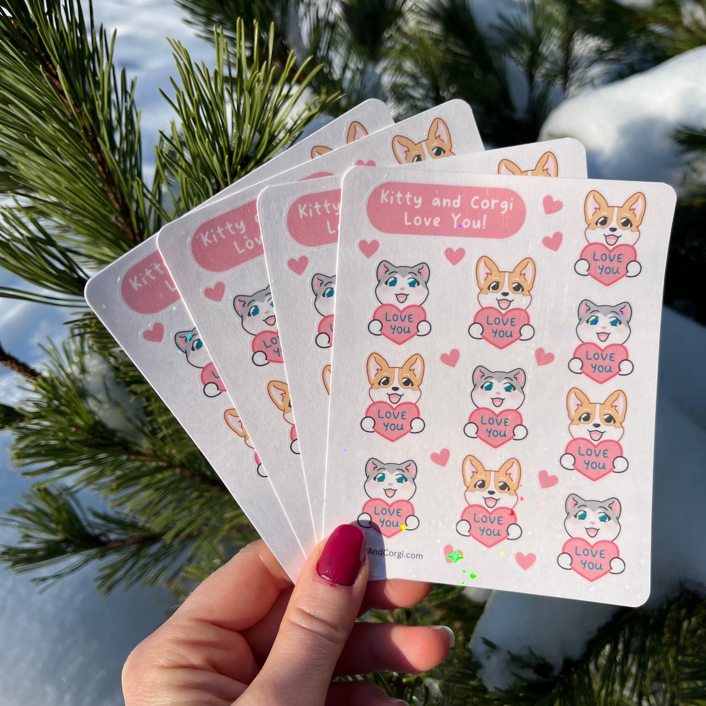Valentine's Kitty and Corgi Love You Holographic Sticker Sheet