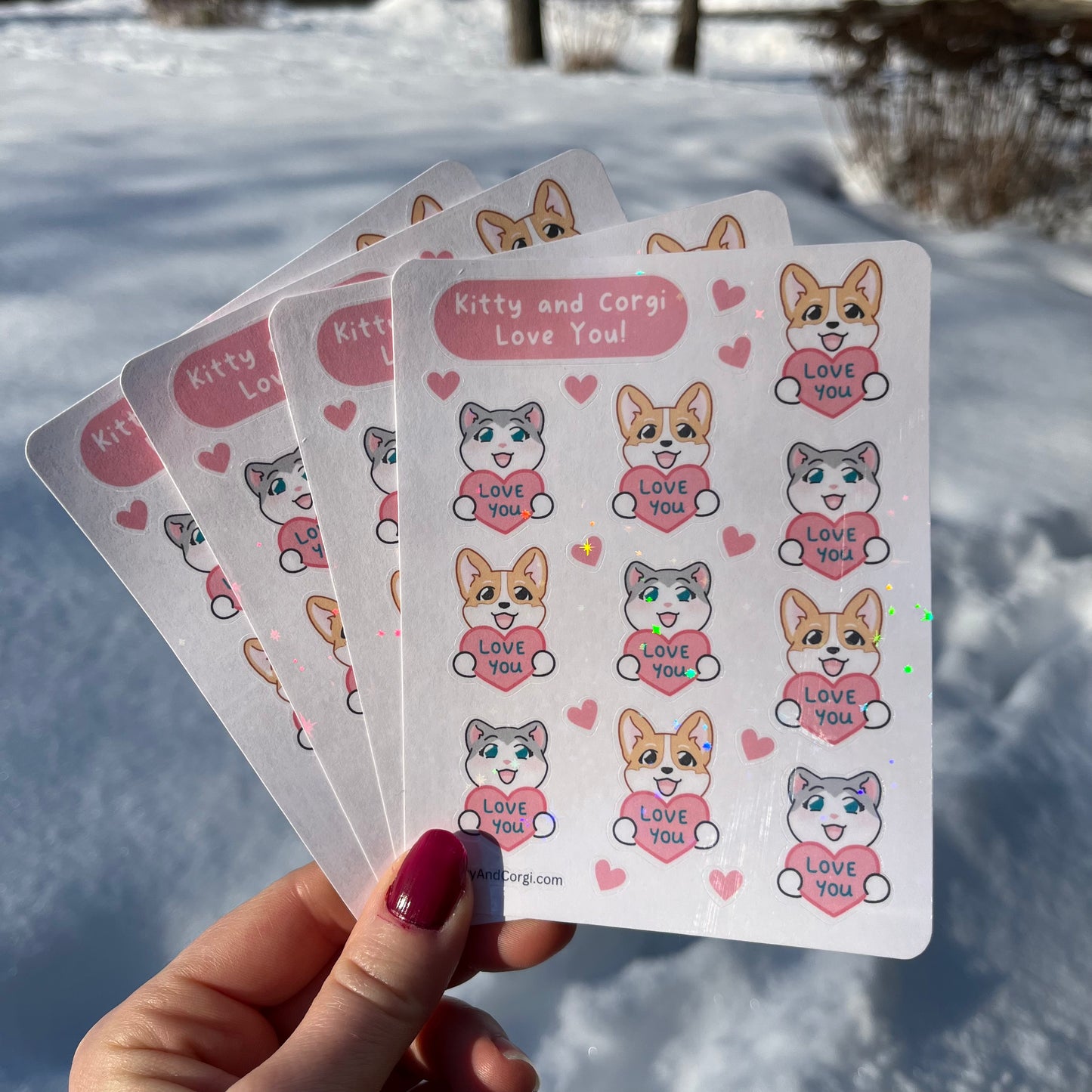 Valentine's Kitty and Corgi Love You Holographic Sticker Sheet