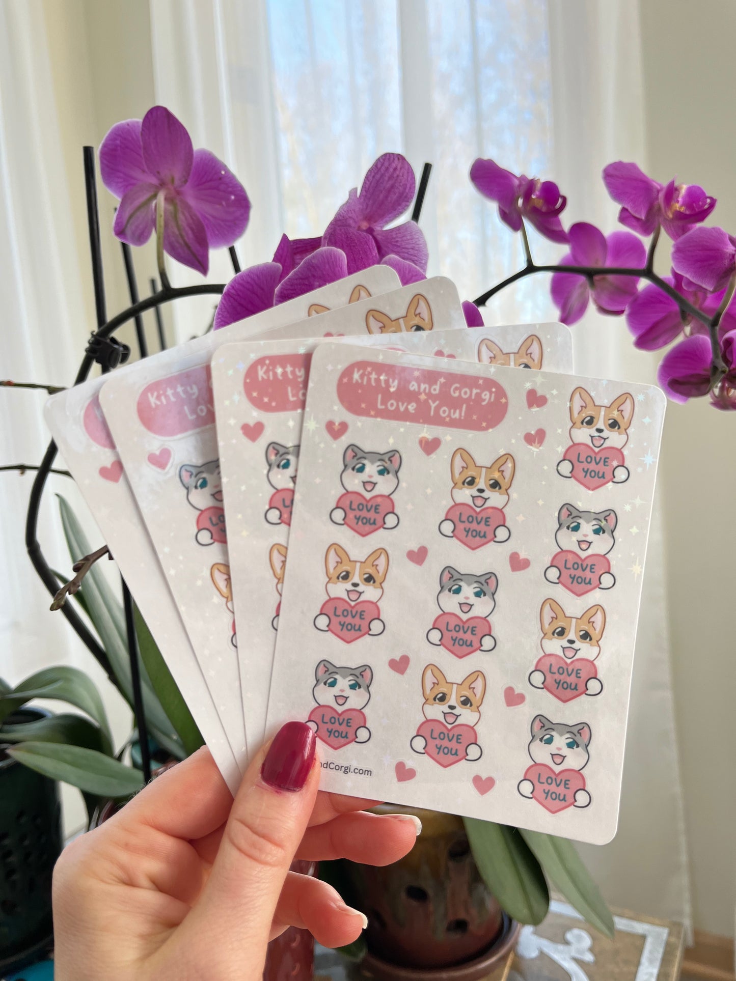 Valentine's Kitty and Corgi Love You Holographic Sticker Sheet