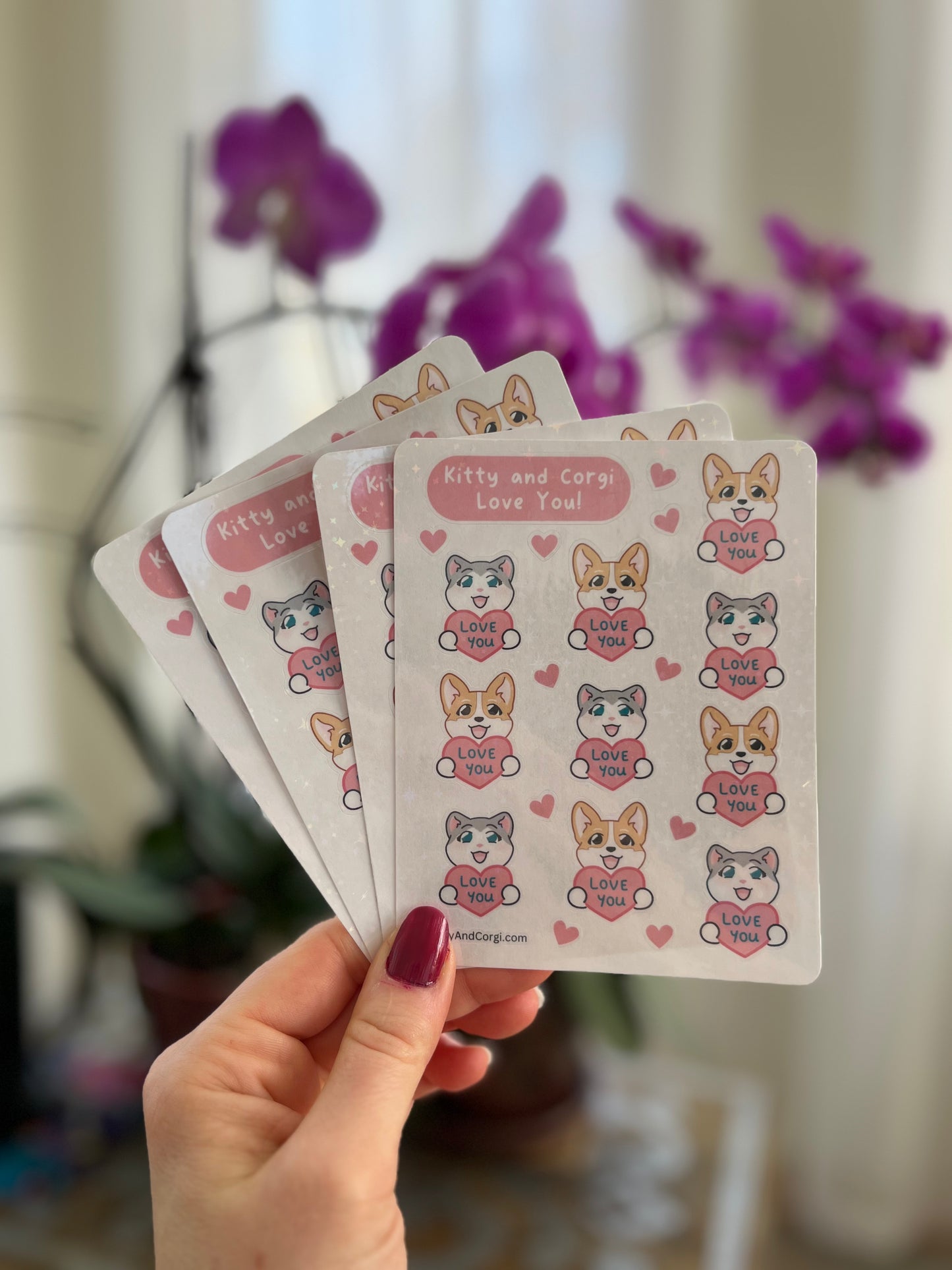 Valentine's Kitty and Corgi Love You Holographic Sticker Sheet