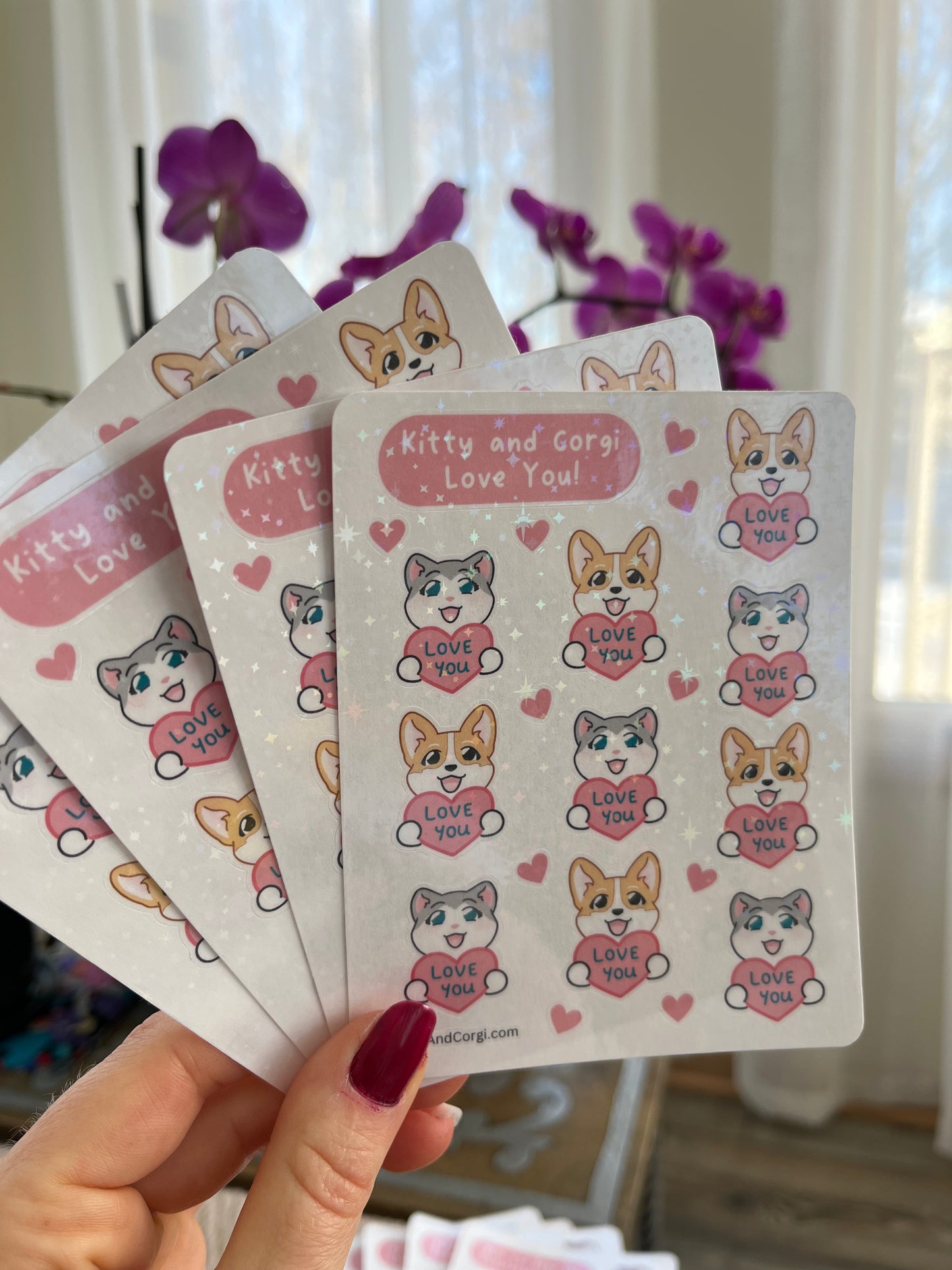 Valentine's Kitty and Corgi Love You Holographic Sticker Sheet