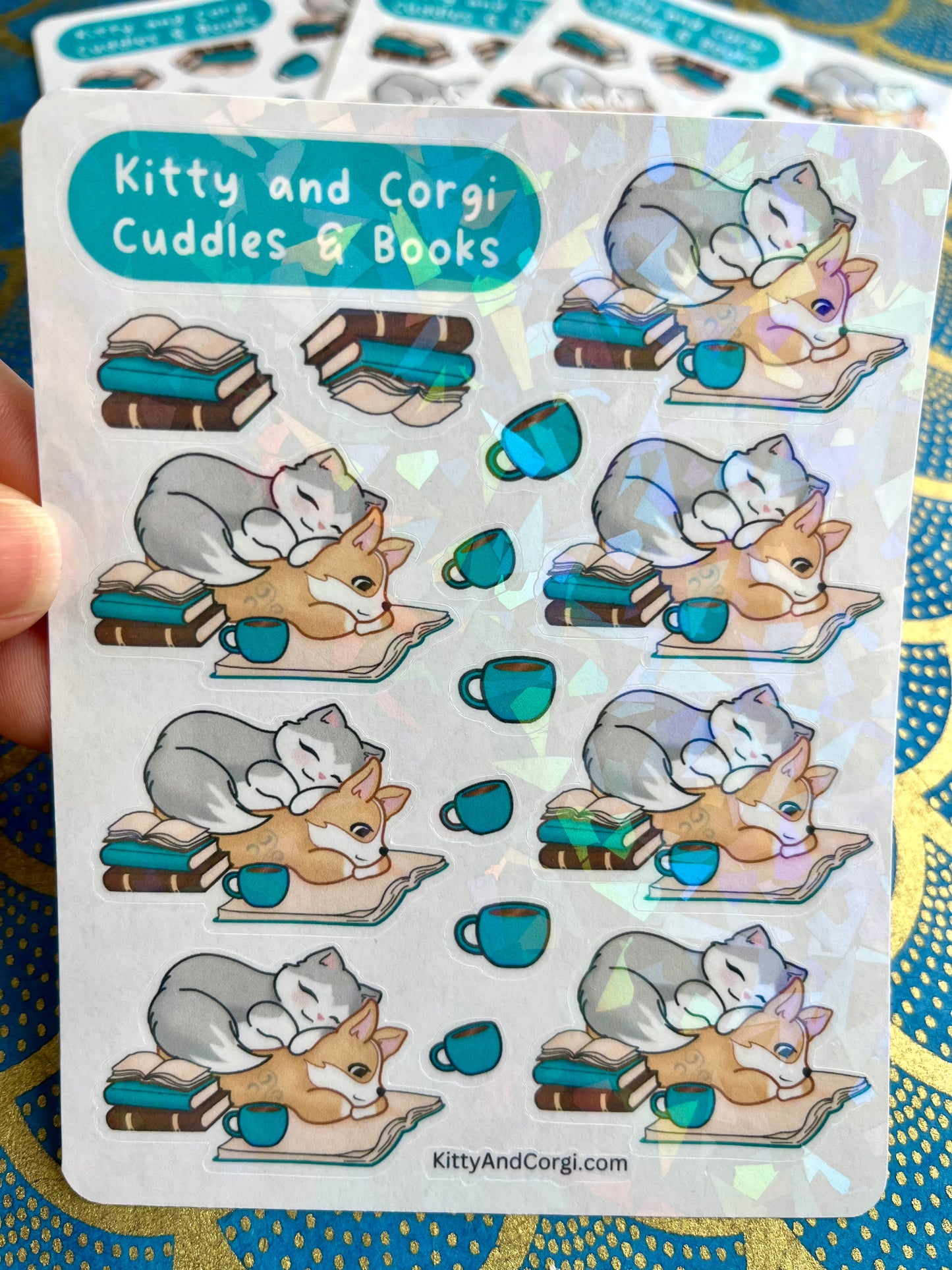 Kitty and Corgi Cuddles and Books Sticker Sheet