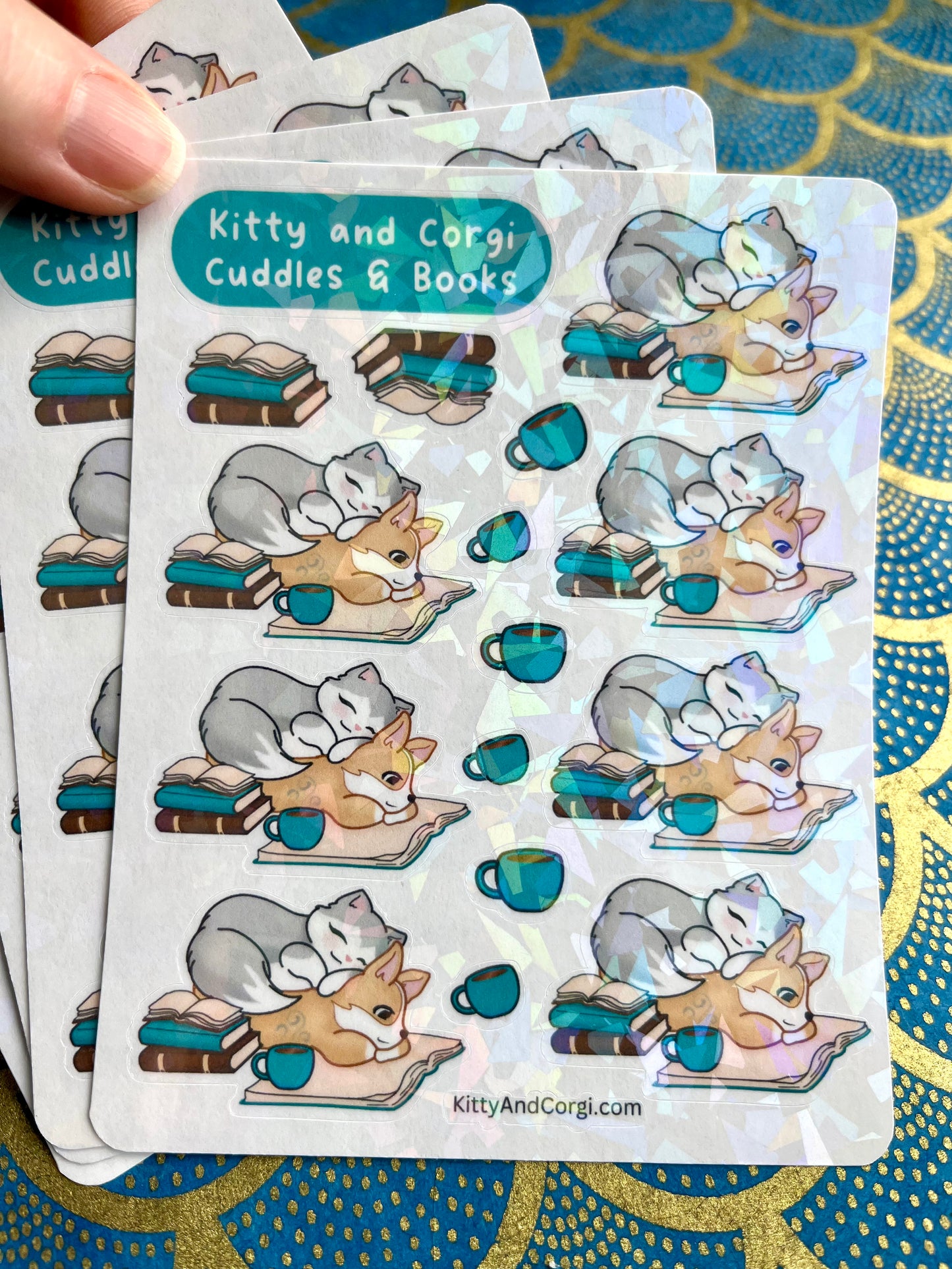 Kitty and Corgi Cuddles and Books Sticker Sheet