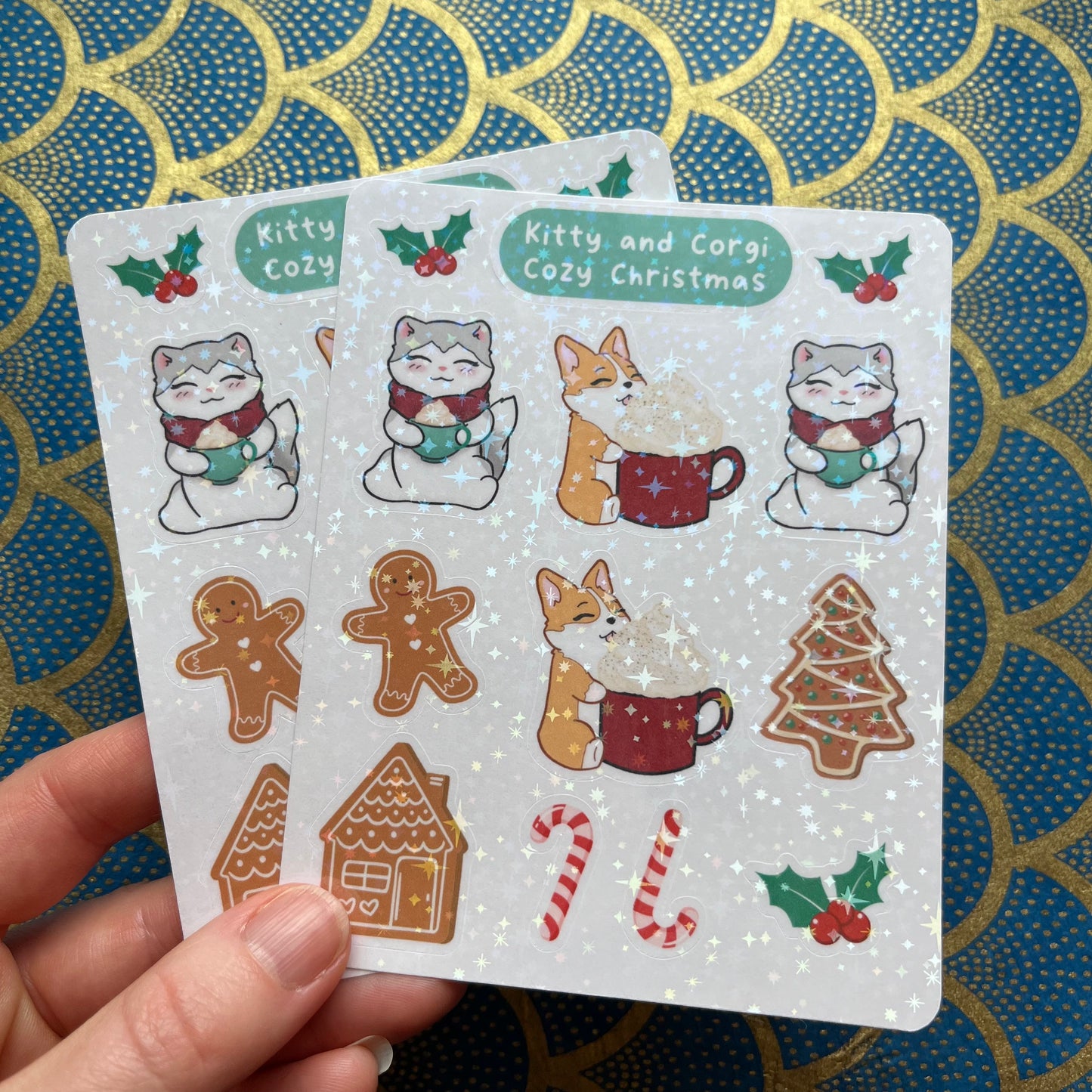 Kitty and Corgi Cozy Christmas Holographic Sticker Sheet