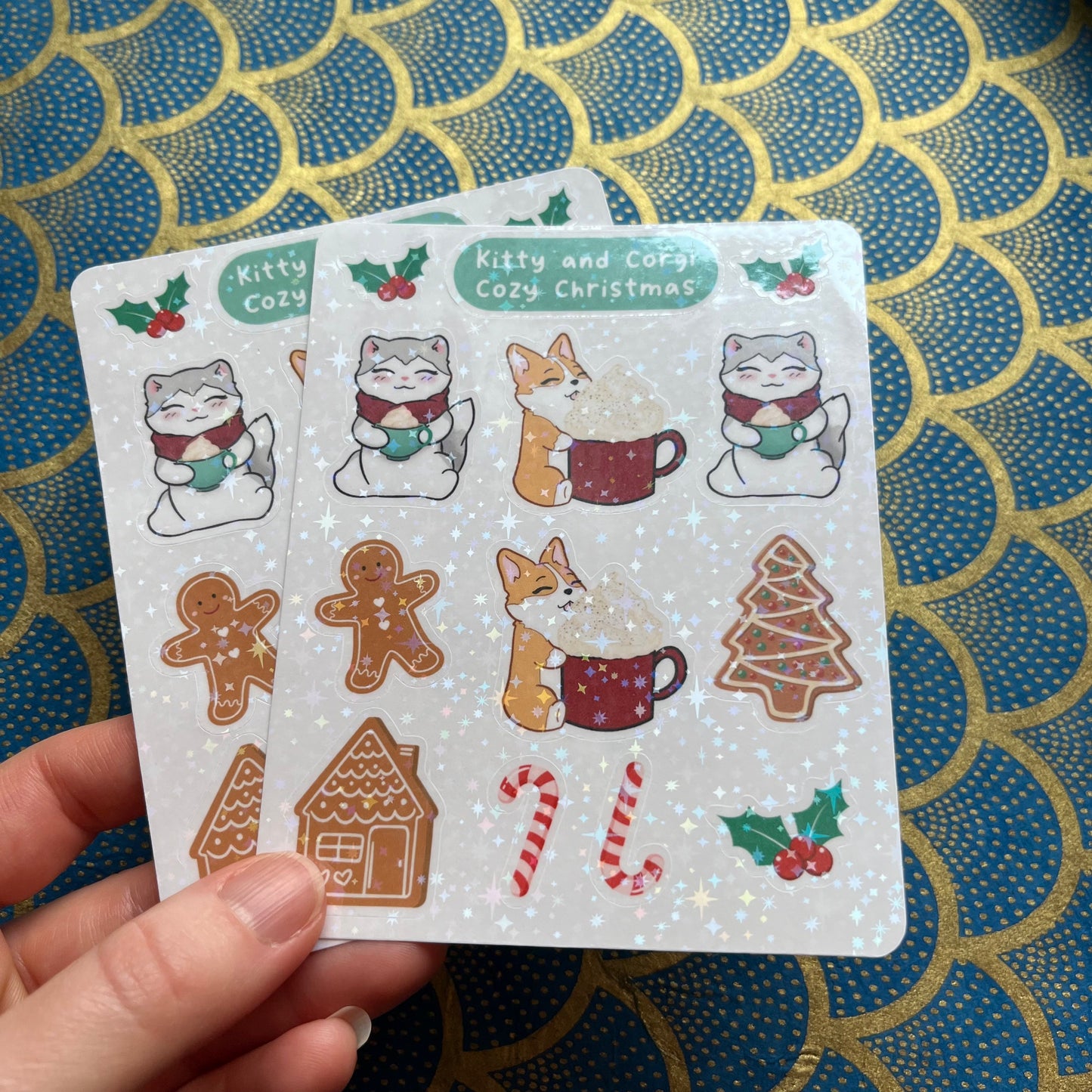 Kitty and Corgi Cozy Christmas Holographic Sticker Sheet