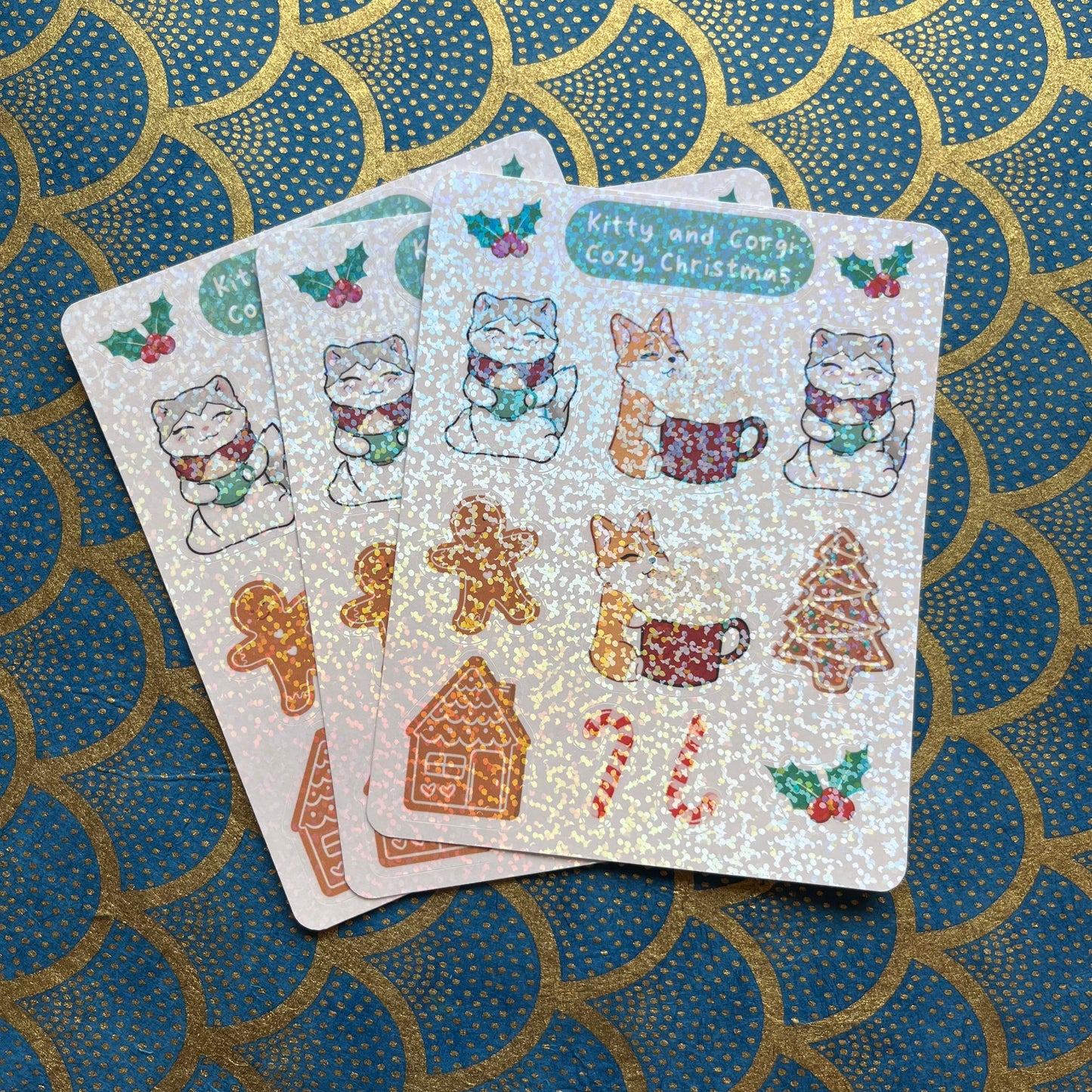 Kitty and Corgi Cozy Christmas Holographic Sticker Sheet