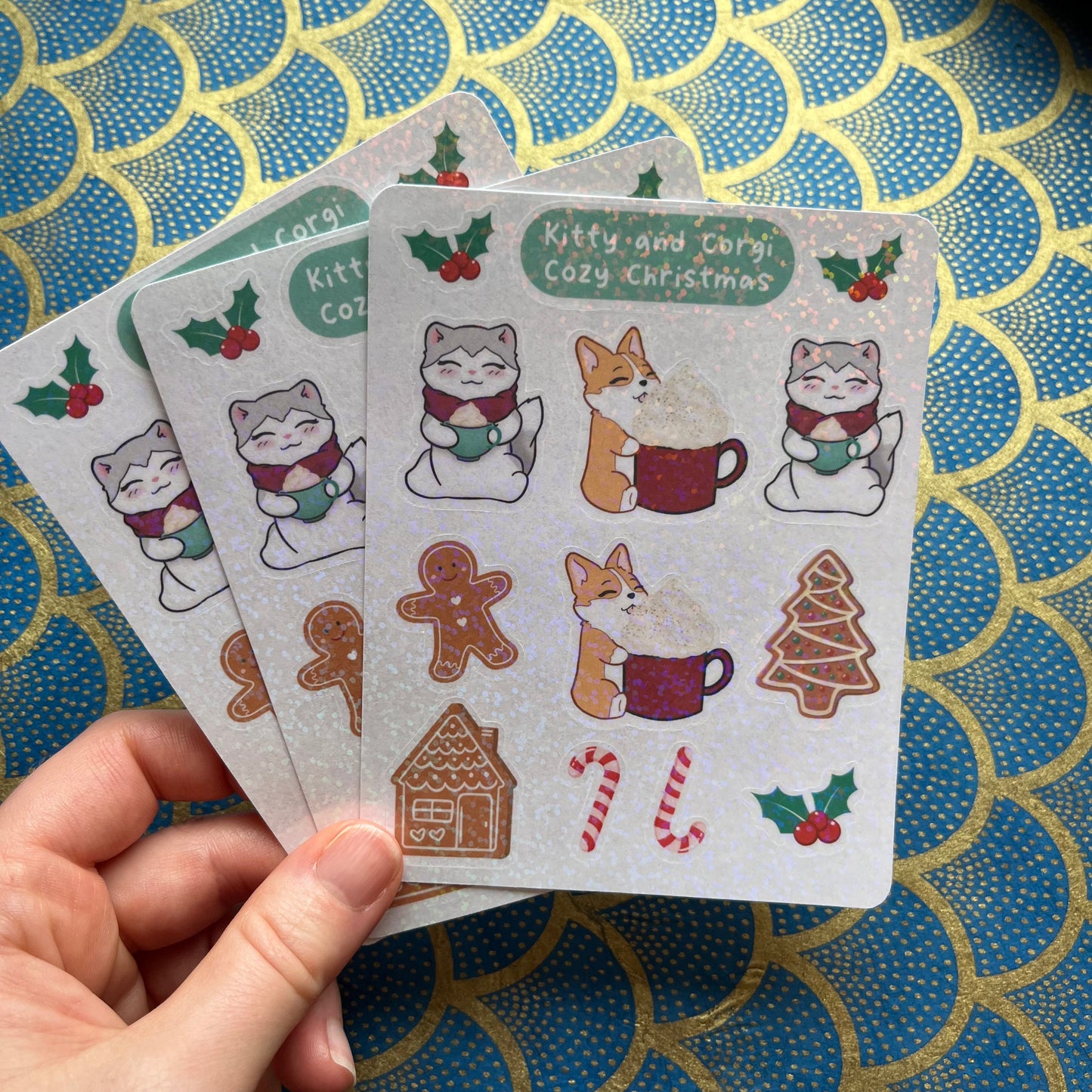 Kitty and Corgi Cozy Christmas Holographic Sticker Sheet