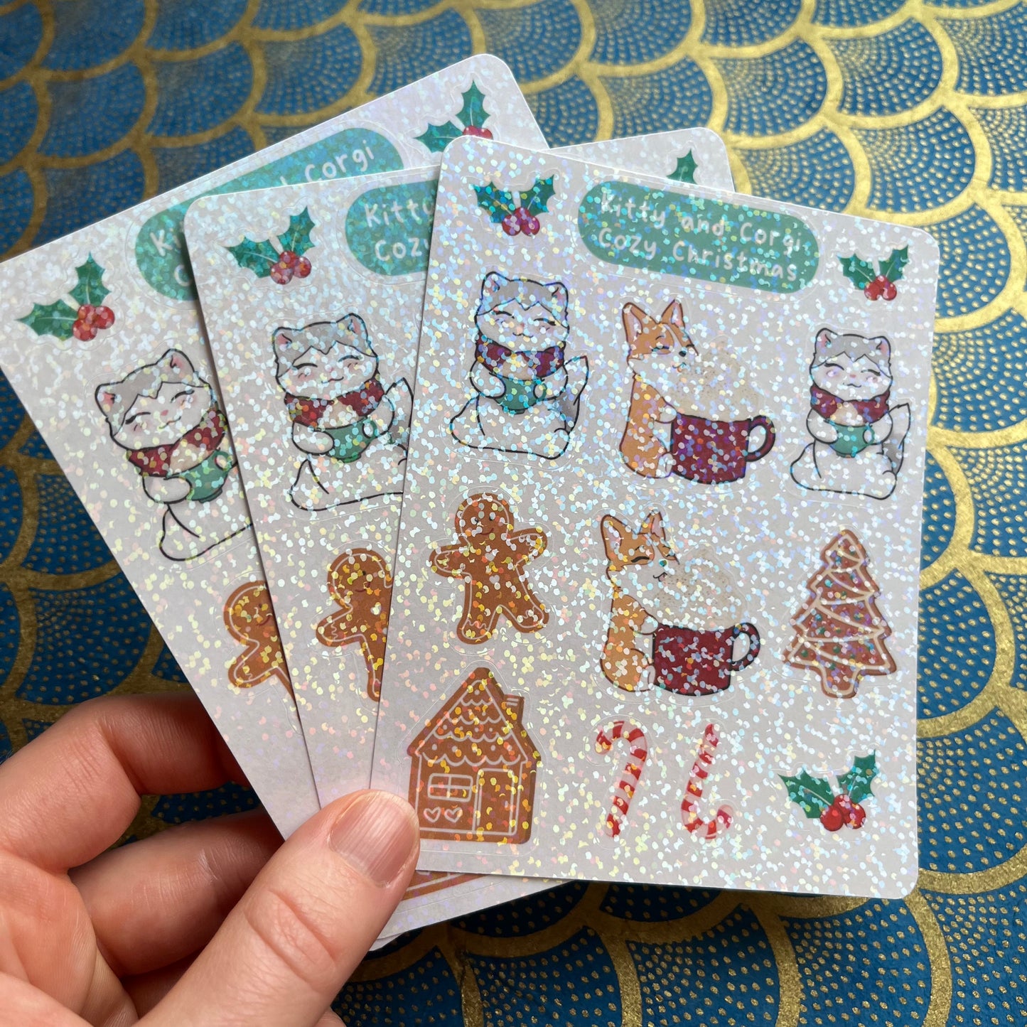Kitty and Corgi Cozy Christmas Holographic Sticker Sheet