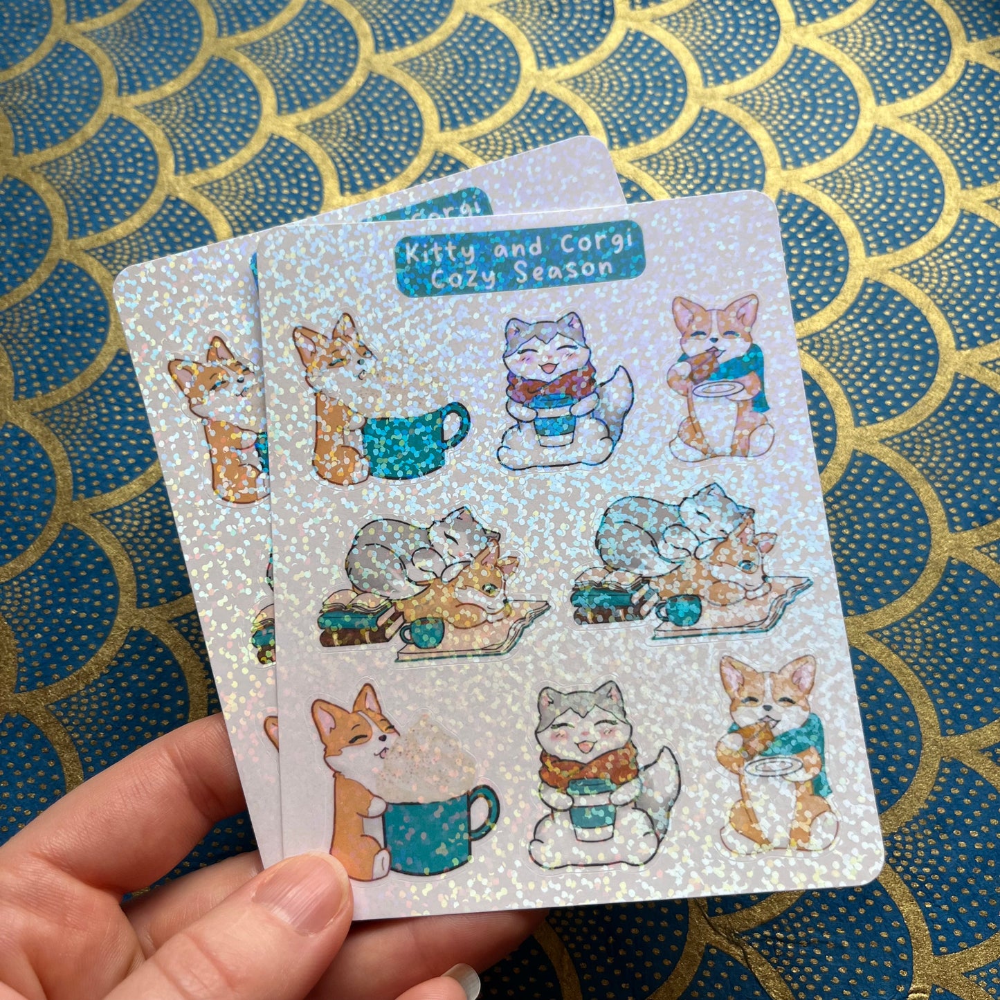 Kitty and Corgi Cozy Season Holographic Sticker Sheet