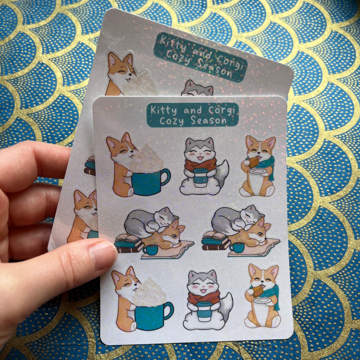 Kitty and Corgi Cozy Season Holographic Sticker Sheet