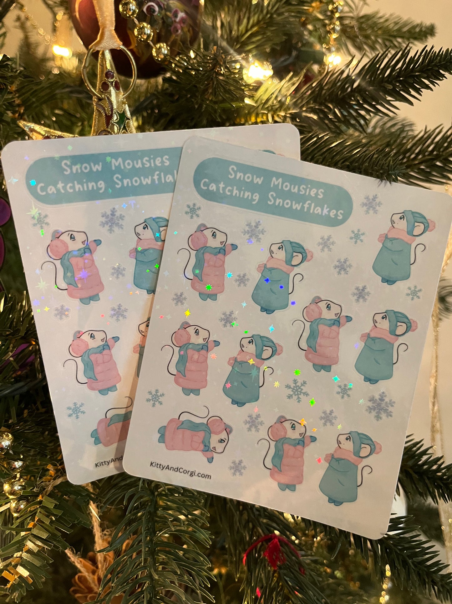 Snow Mousies Catching Snowflakes Holographic Sticker Sheet