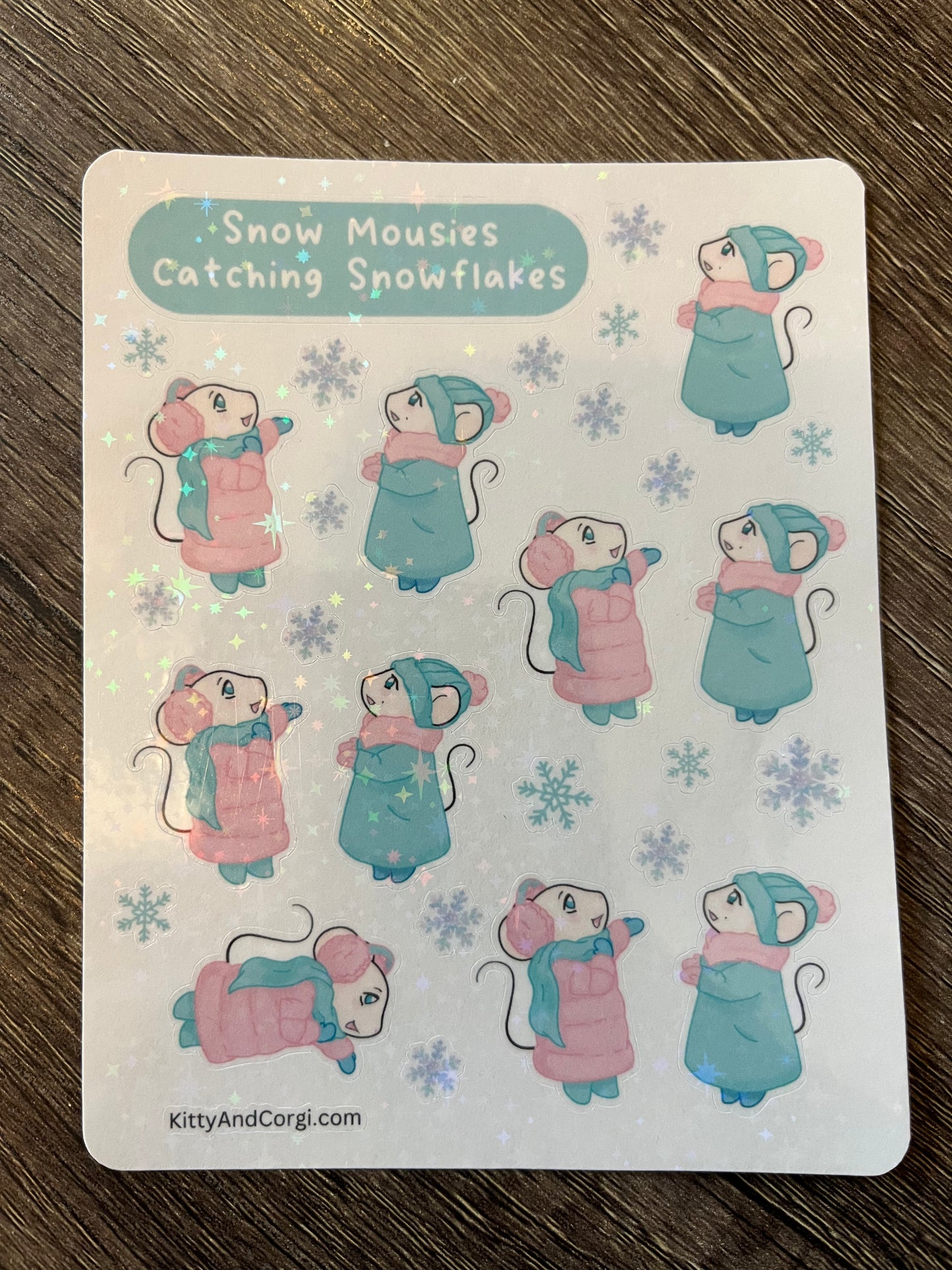 Snow Mousies Catching Snowflakes Holographic Sticker Sheet