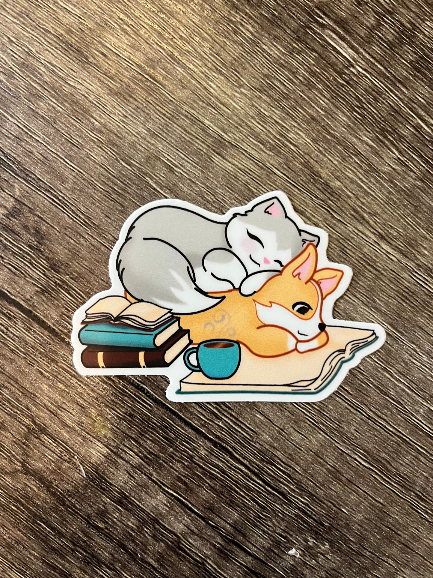 Kitty and Corgi Coffee, Cuddles and Books - Vinyl Sticker