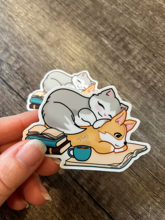 Kitty and Corgi Coffee, Cuddles and Books - Vinyl Sticker