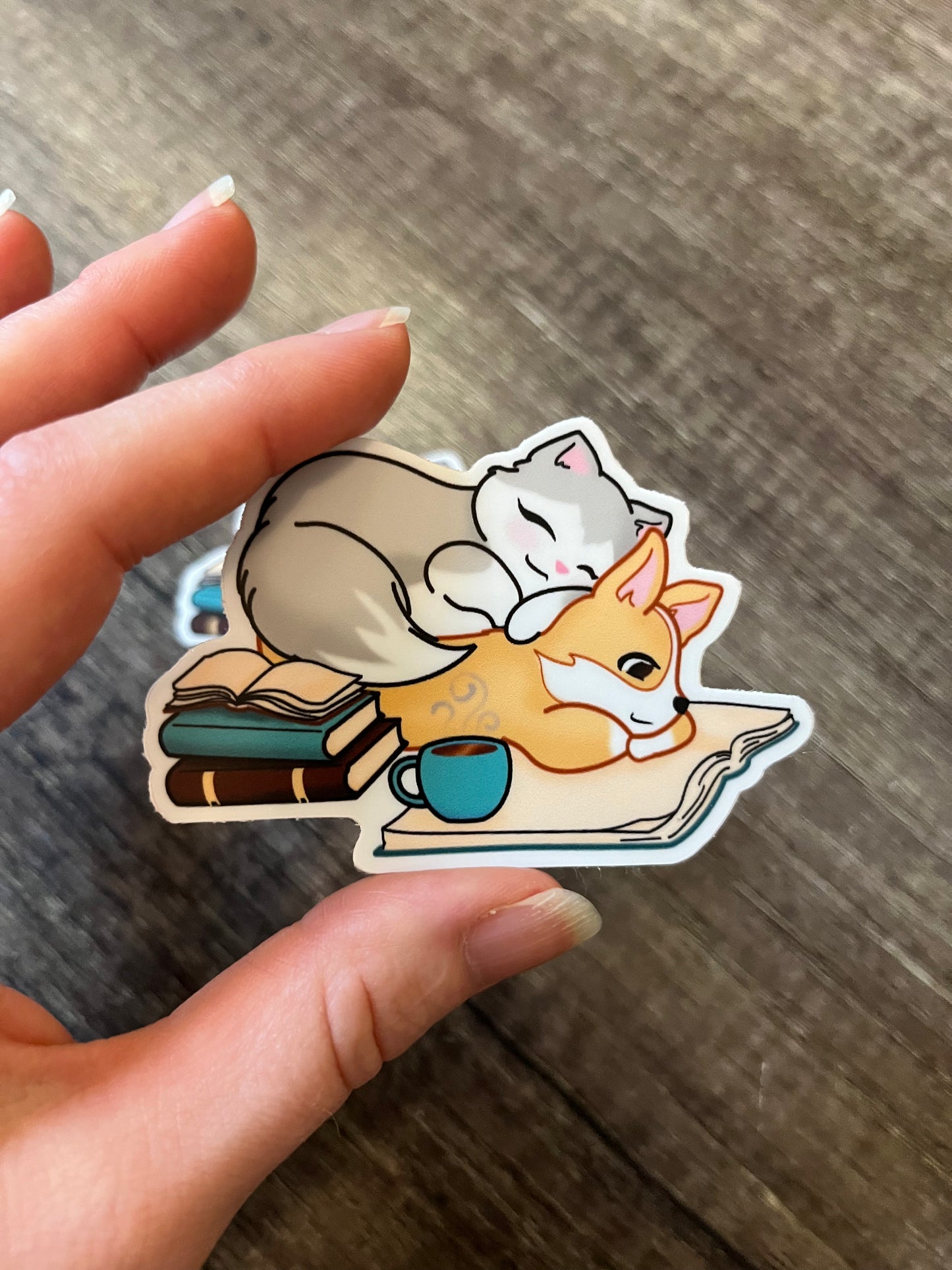 Kitty and Corgi Coffee, Cuddles and Books - Vinyl Sticker