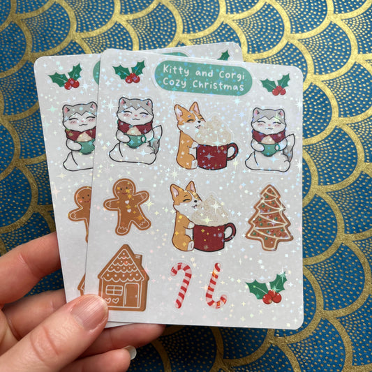 Kitty and Corgi Cozy Christmas Holographic Sticker Sheet