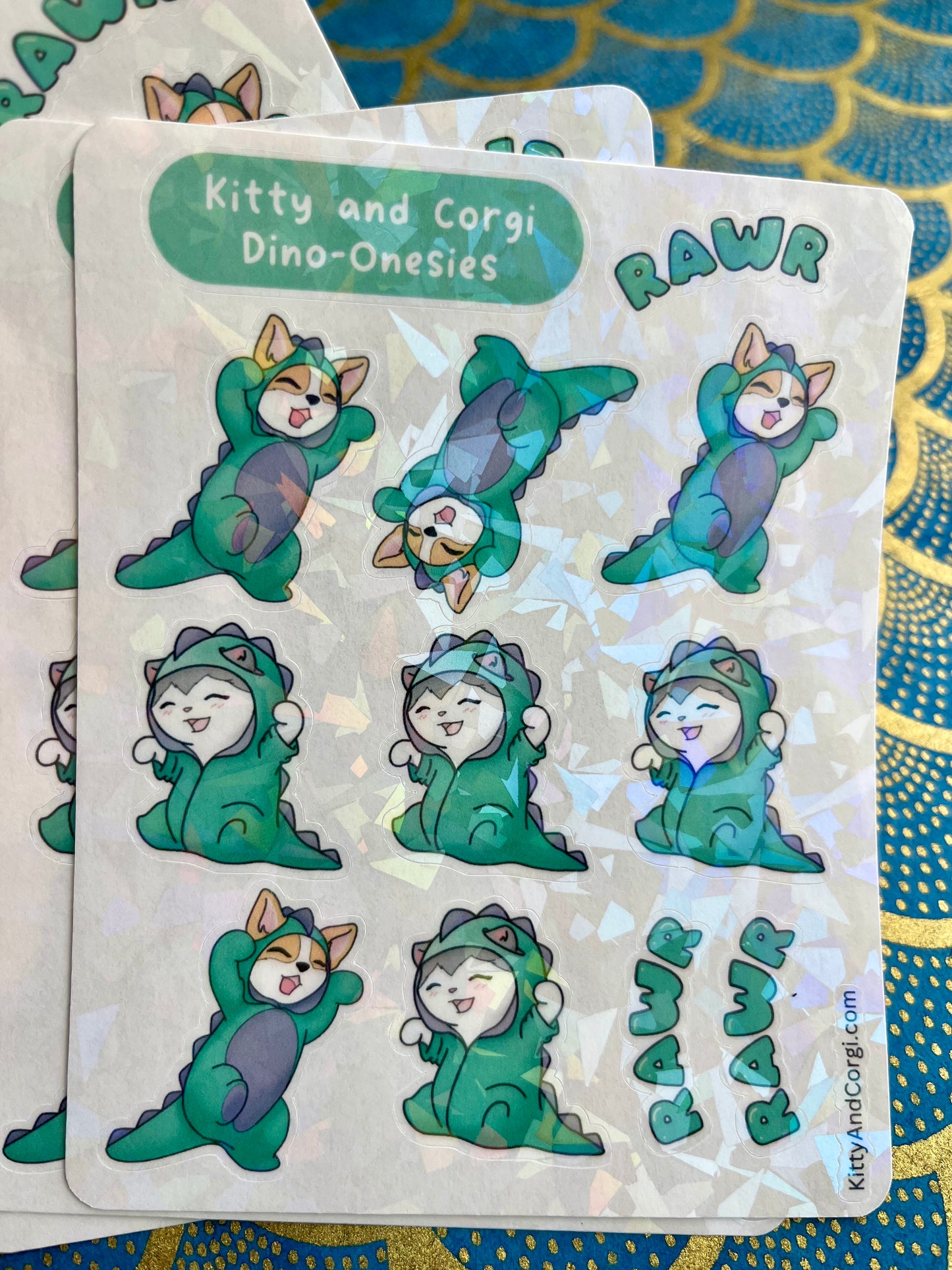 Kitty and Corgi Dino Onesies Sticker Sheet