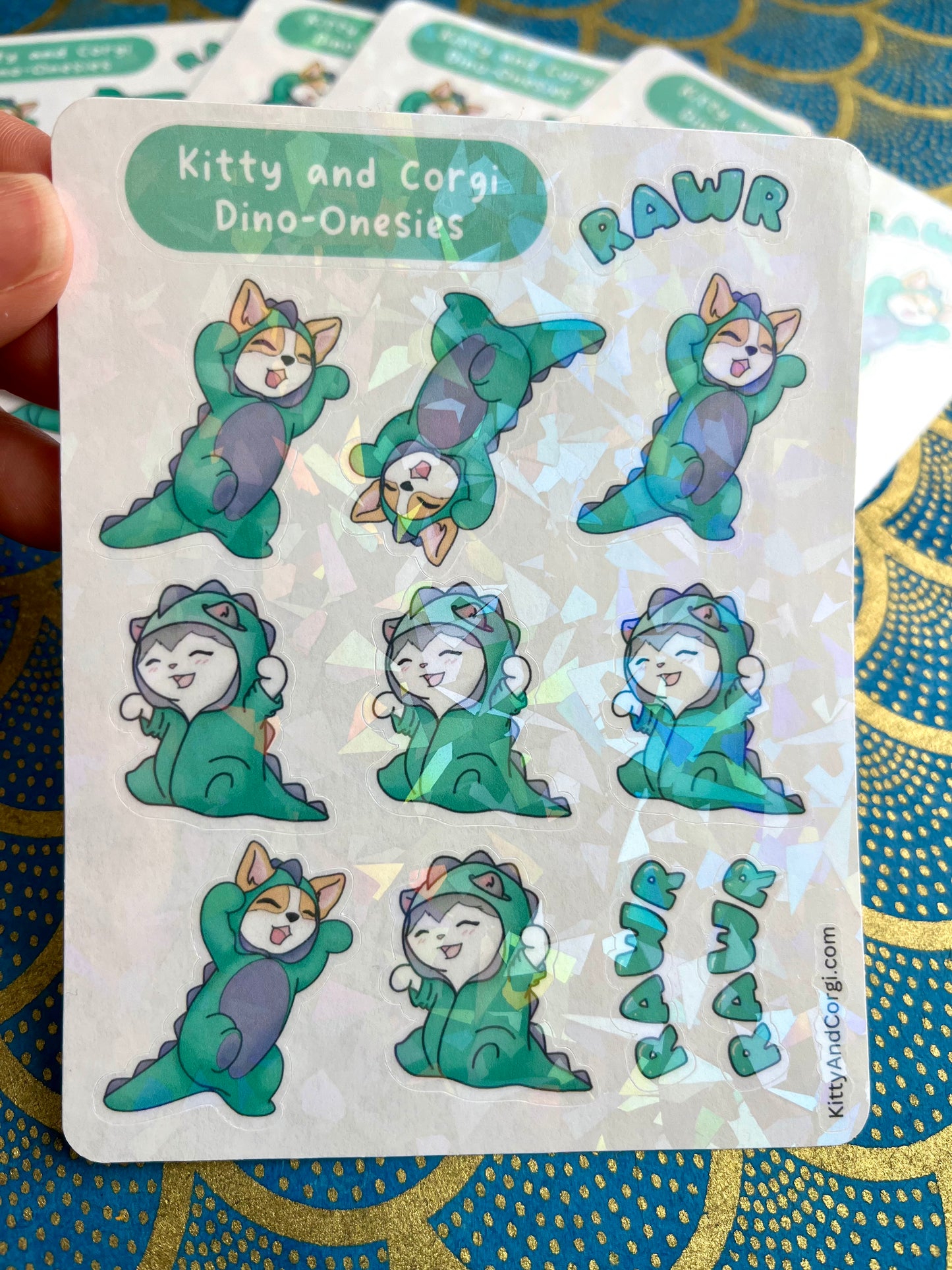 Kitty and Corgi Dino Onesies Sticker Sheet