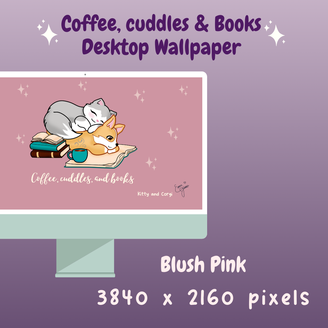 Kitty and Corgi Coffee, Cuddles, and Books 4k Desktop Wallpaper Bundle