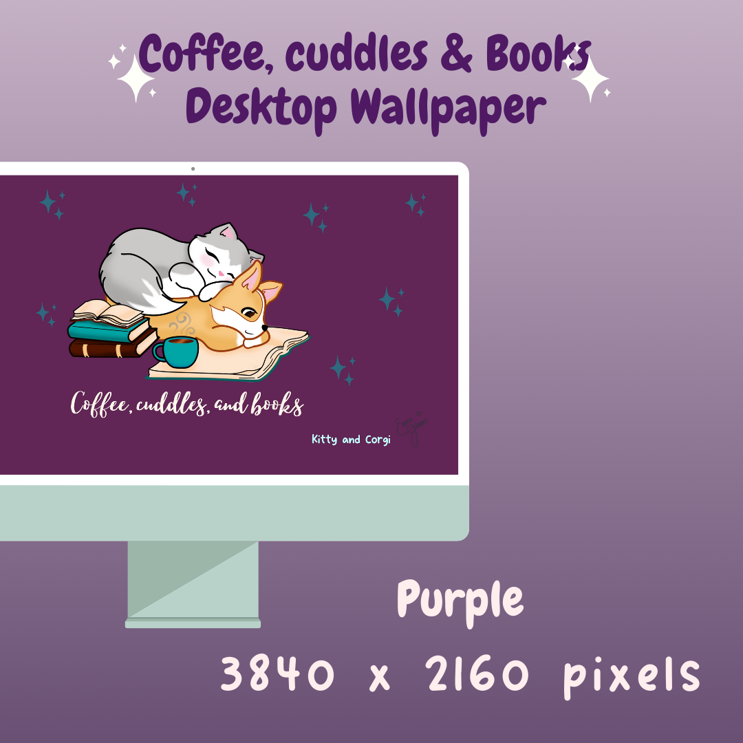 Kitty and Corgi Coffee, Cuddles, and Books 4k Desktop Wallpaper Bundle