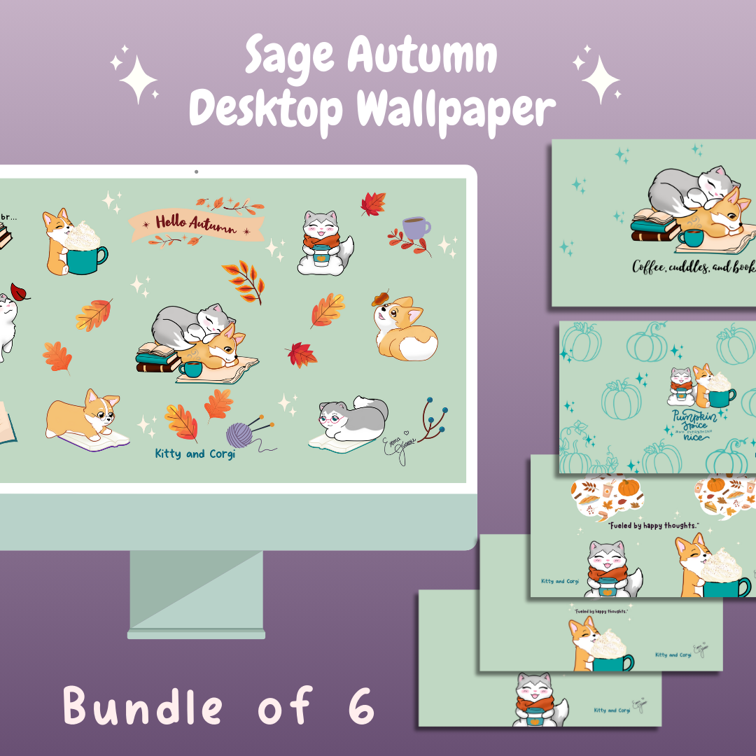 Sage Green Kitty and Corgi Cozy Fall Vibes 4k Desktop Wallpaper Bundle