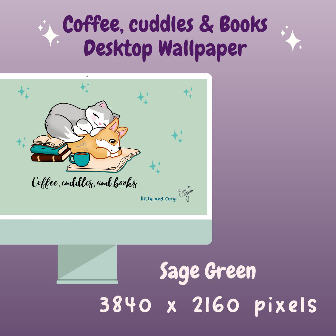 Kitty and Corgi Coffee, Cuddles, and Books 4k Desktop Wallpaper Bundle