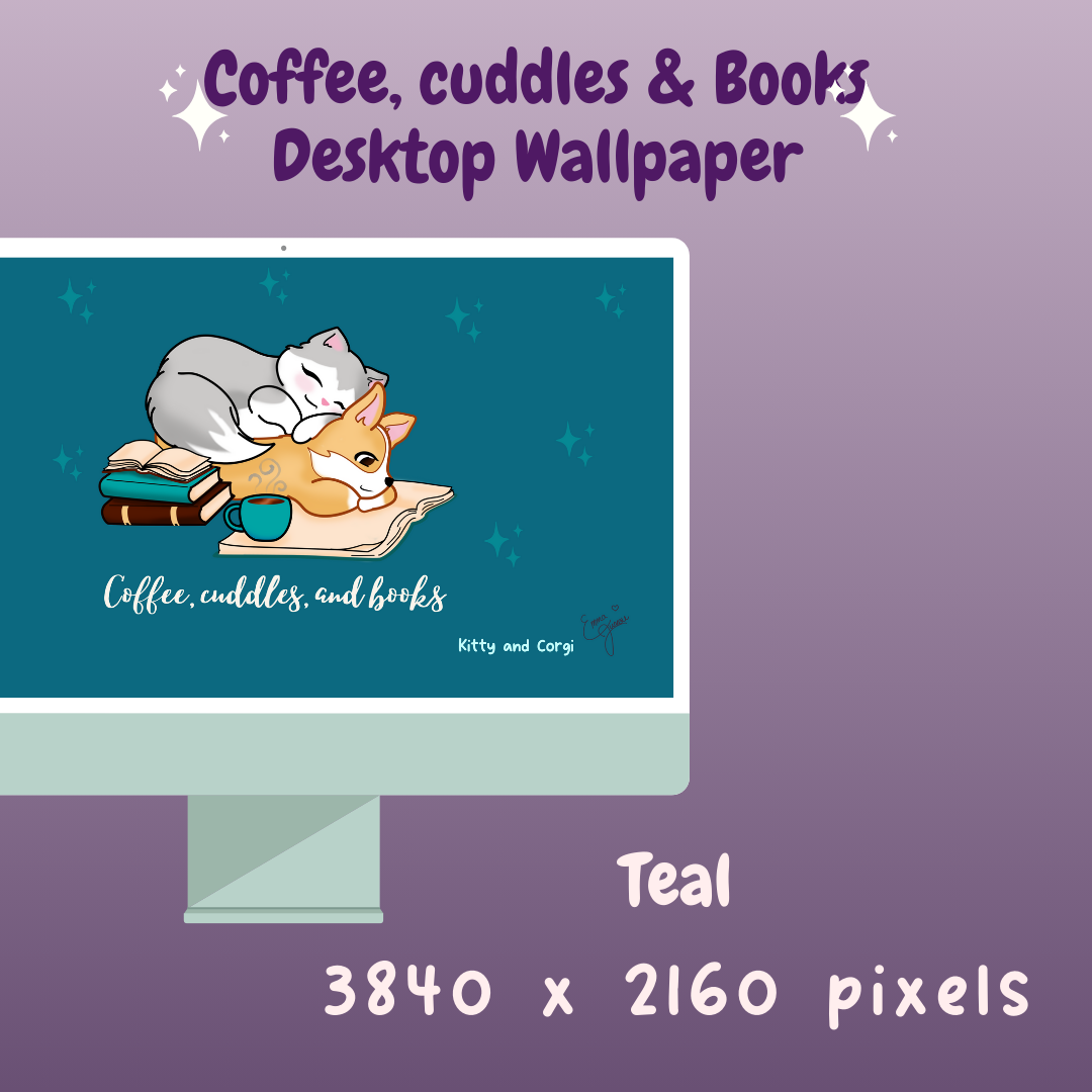 Kitty and Corgi Coffee, Cuddles, and Books 4k Desktop Wallpaper Bundle