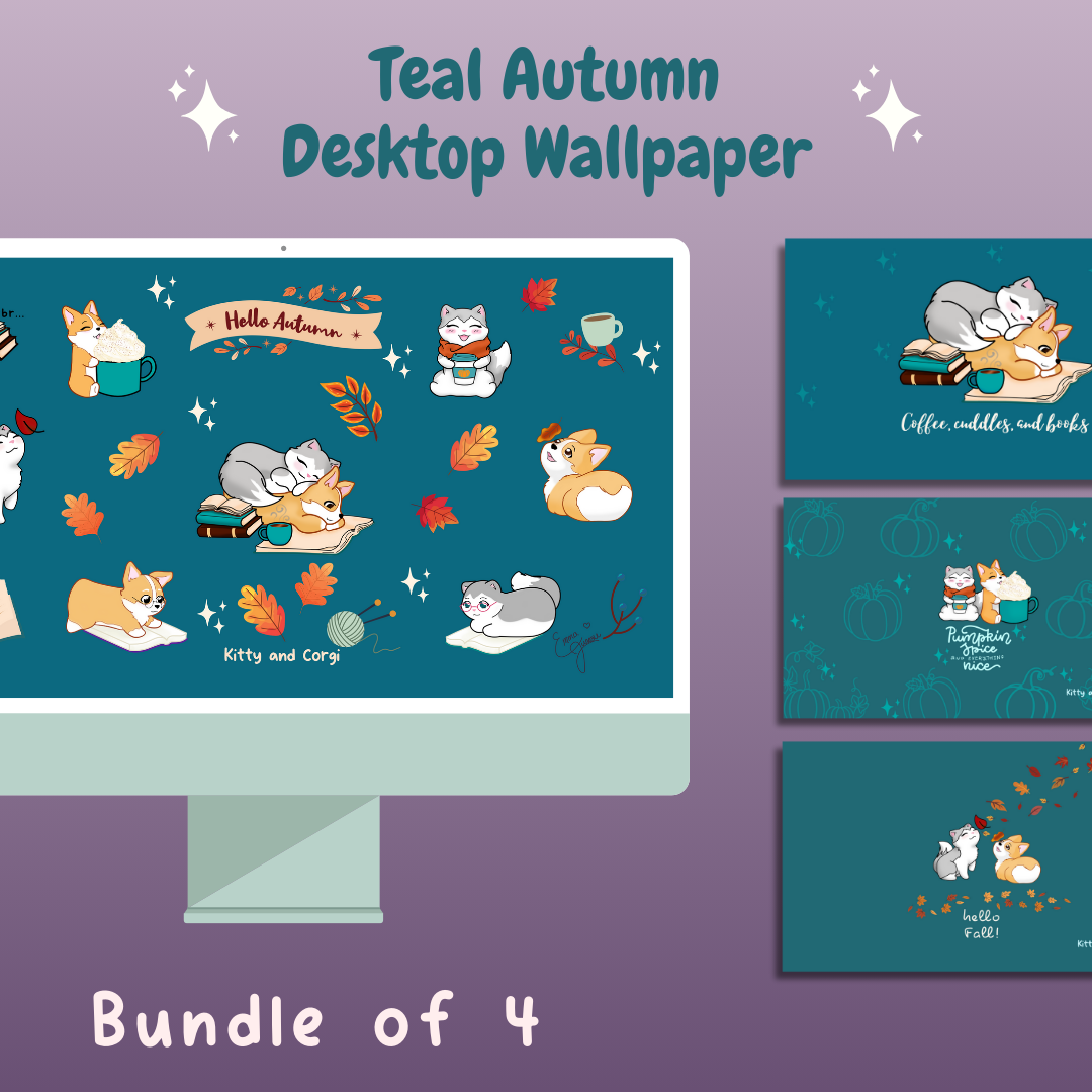 Teal Kitty and Corgi Cozy Fall Vibes 4k Wallpaper Bundle