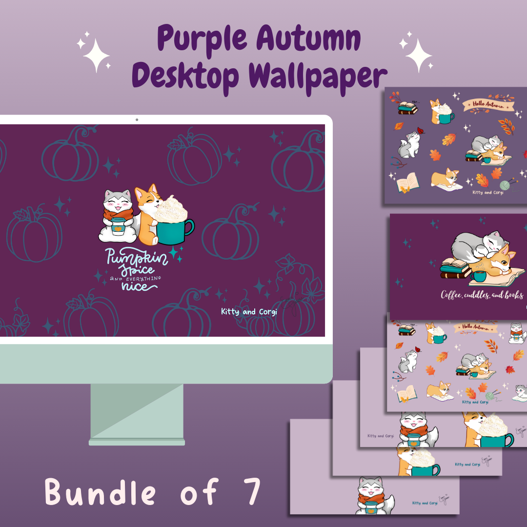 Lavender and Purple Kitty and Corgi Cozy Fall Vibes 4k Desktop Wallpaper Bundle
