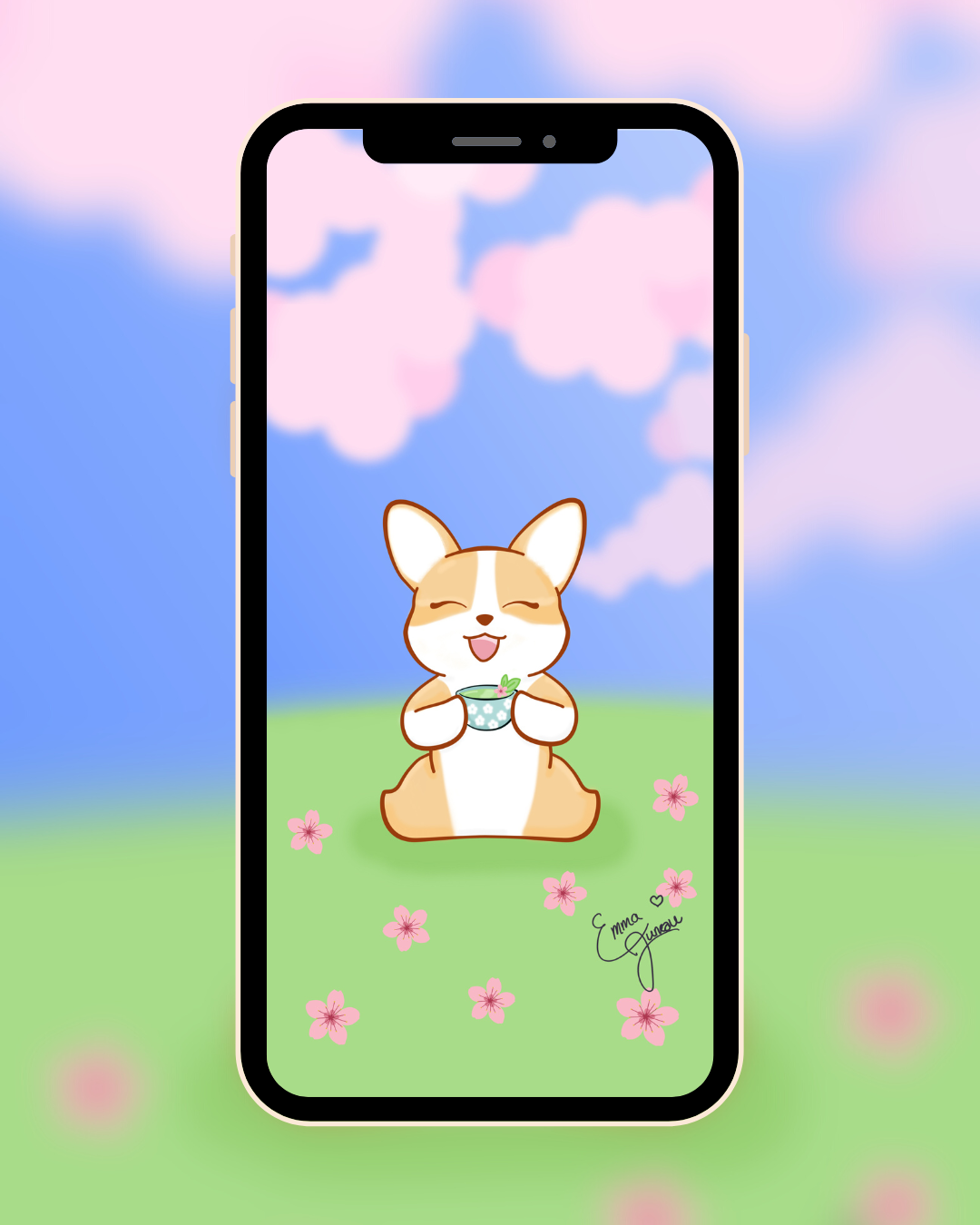 Corgi Drinking Tea under the Sakura Blossoms - Mobile Wallpaper