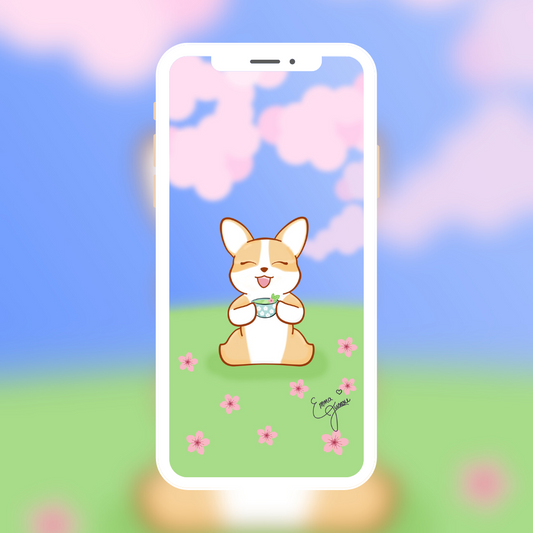 Corgi Drinking Tea under the Sakura Blossoms - Mobile Wallpaper
