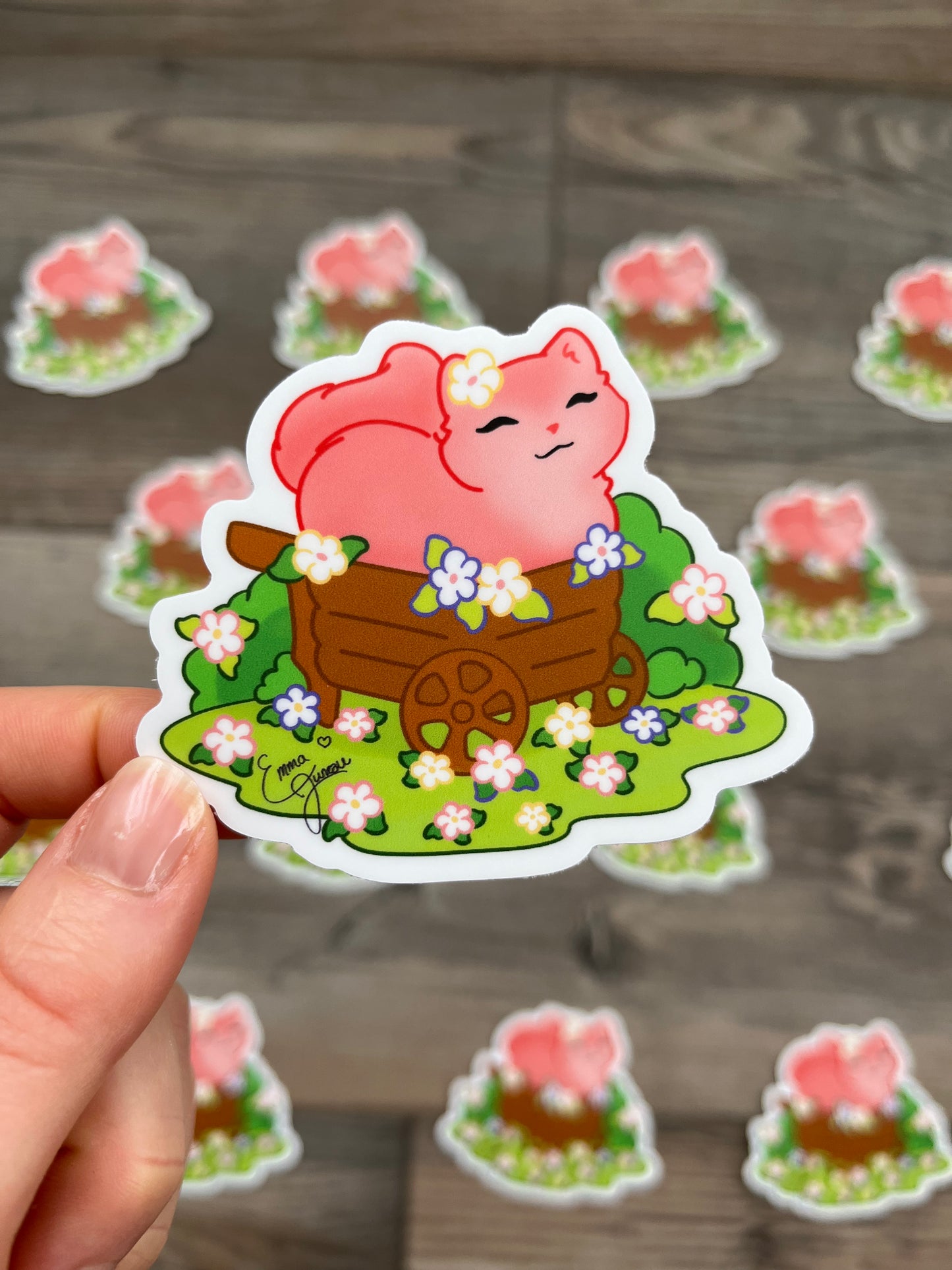 Blossom the Pink Kitty in a Flower Cart - Vinyl Sticker
