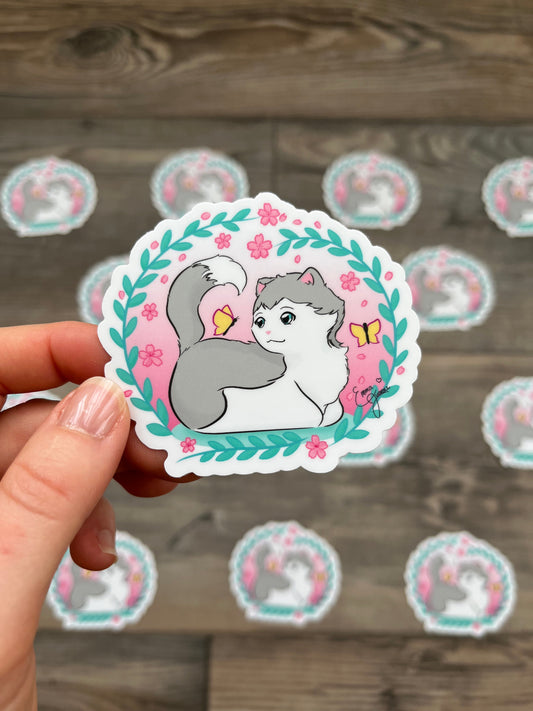 PINK Sakura Kitty and the Butterfly Wreath - Vinyl Sticker