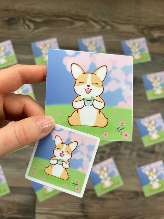 Corgi Drinking Tea under the Sakura BlossomsI - Vinyl Sticker