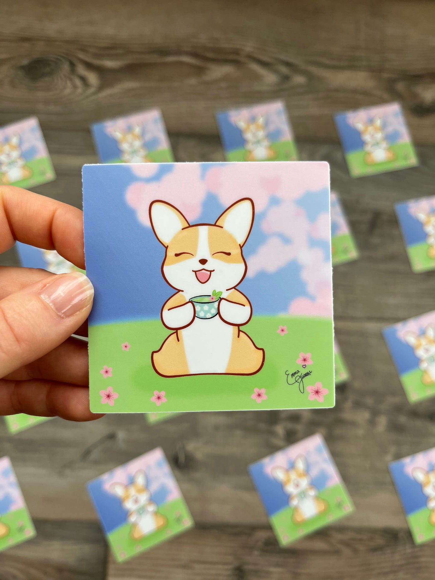 Corgi Drinking Tea under the Sakura BlossomsI - Vinyl Sticker