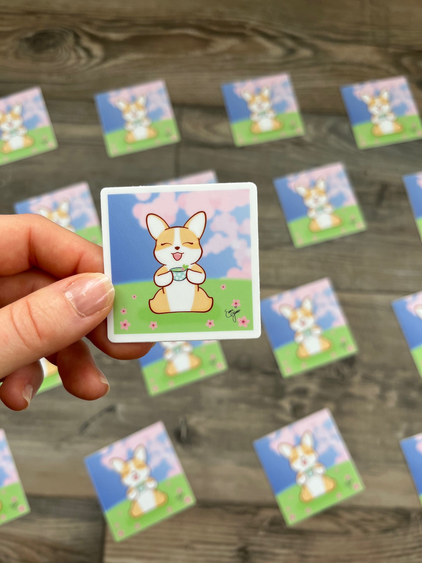 Corgi Drinking Tea under the Sakura BlossomsI - Vinyl Sticker