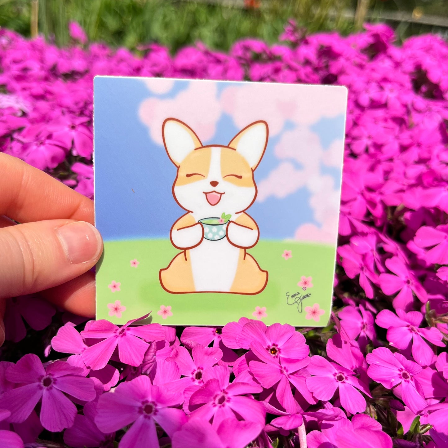 Corgi Drinking Tea under the Sakura BlossomsI - Vinyl Sticker