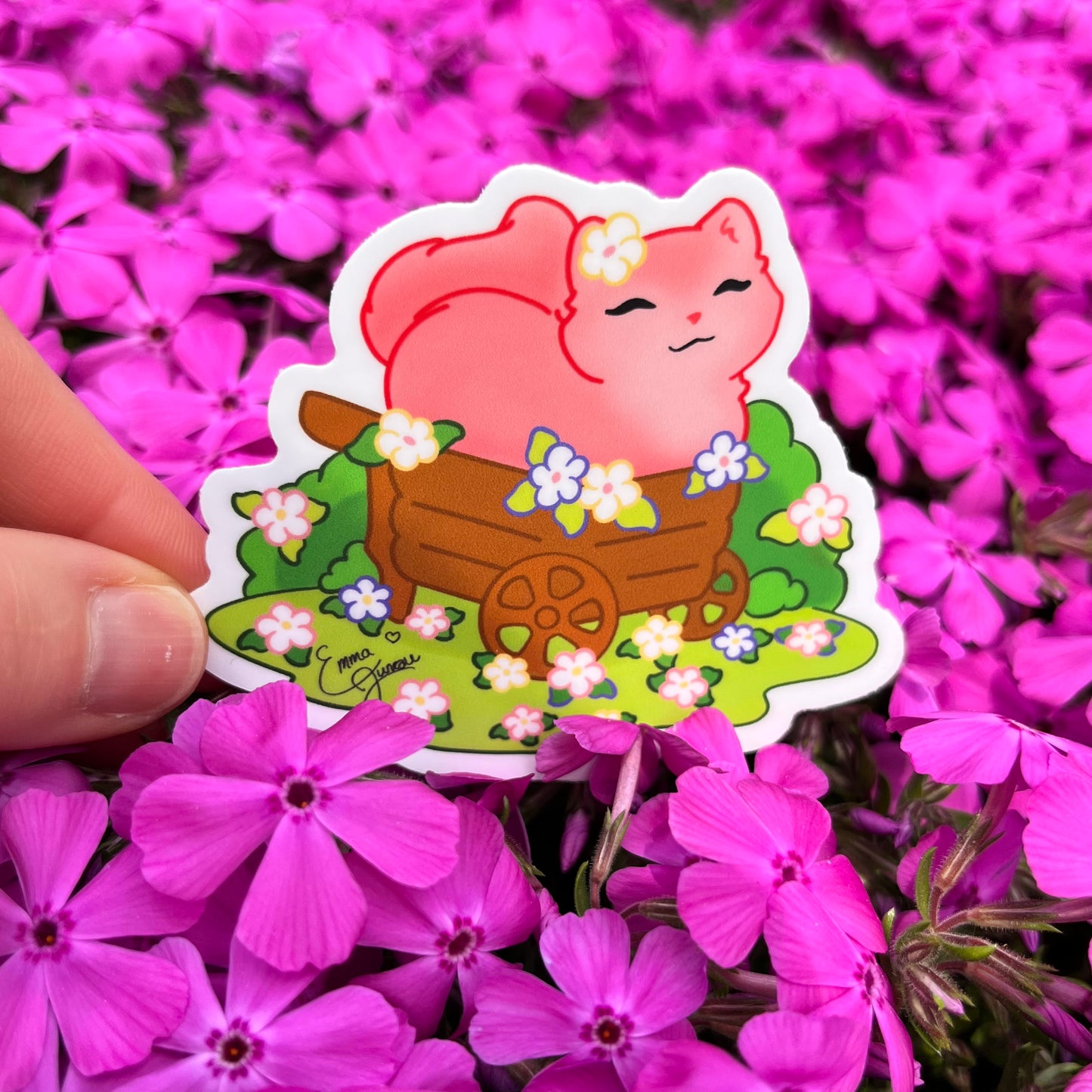 Blossom the Pink Kitty in a Flower Cart - Vinyl Sticker