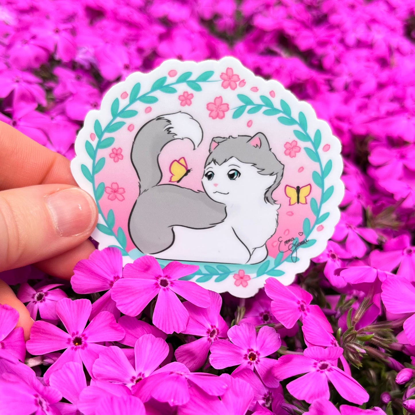 PINK Sakura Kitty and the Butterfly Wreath - Vinyl Sticker