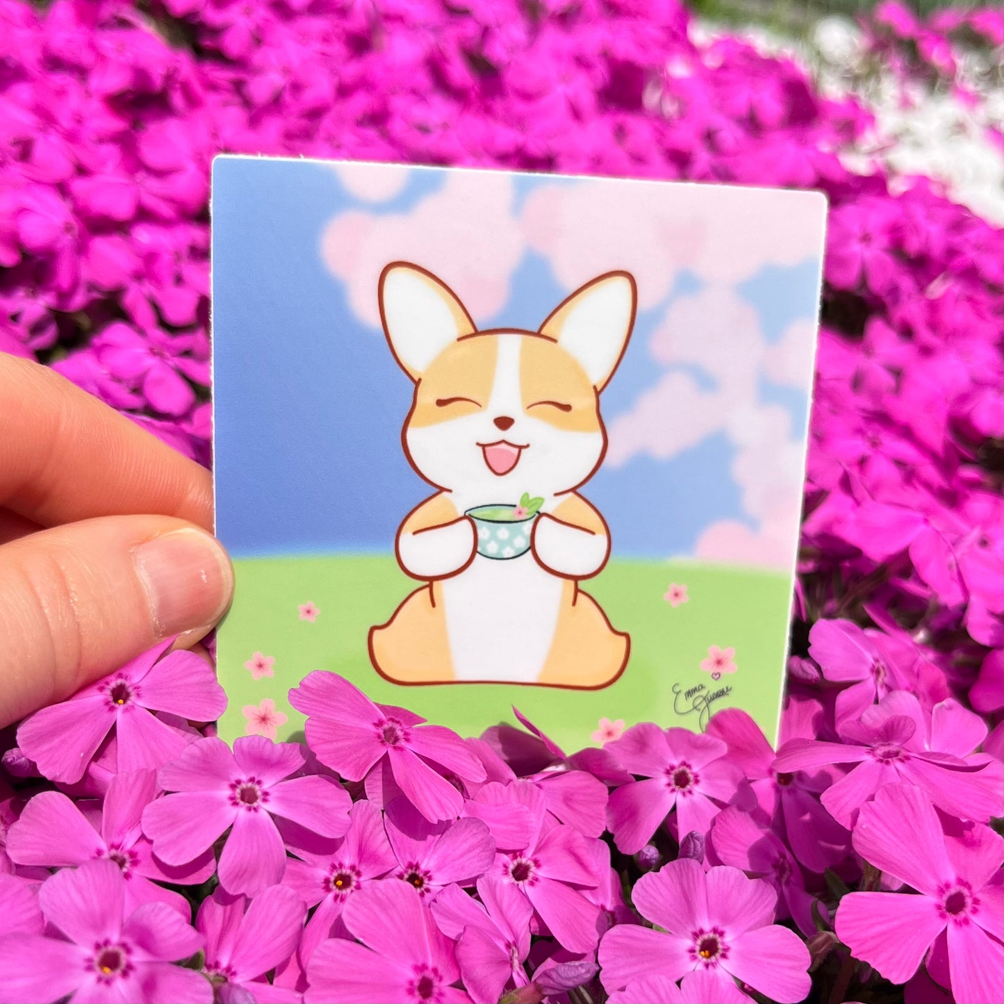 Corgi Drinking Tea under the Sakura BlossomsI - Vinyl Sticker