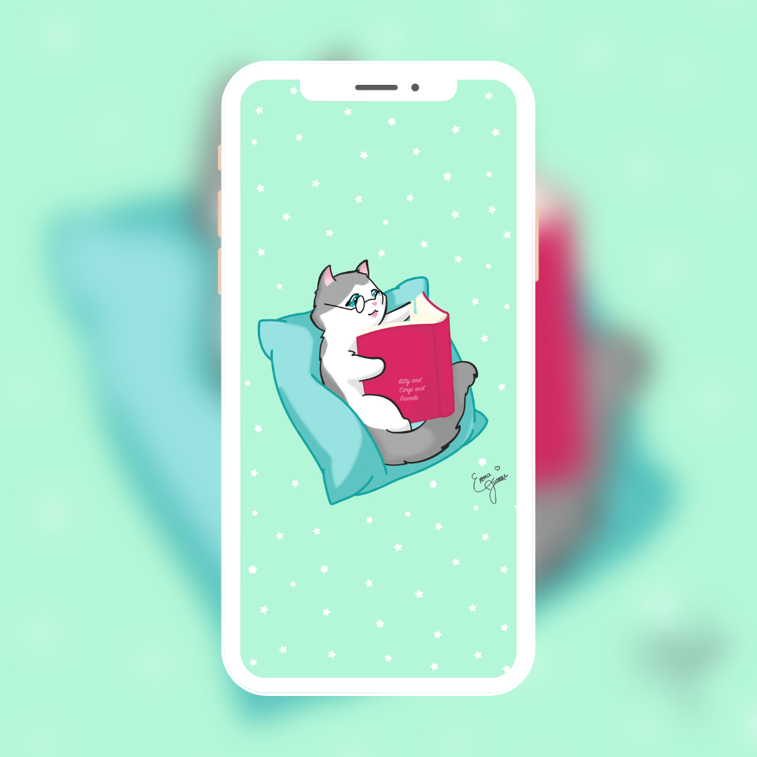Kitty Reading a Book - Mobile Wallpaper - Available in 4 different colors