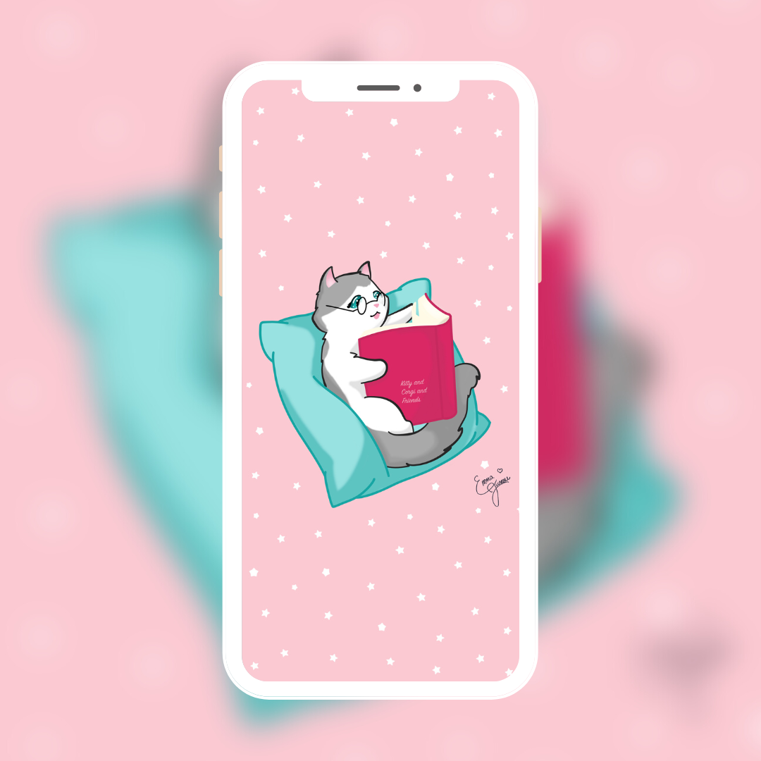 Kitty Reading a Book - Mobile Wallpaper - Available in 4 different colors