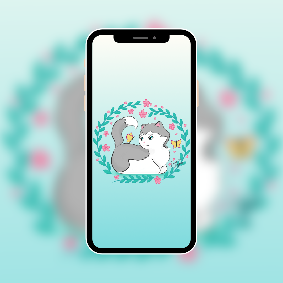Sakura Kitty and the Butterfly Wreath - Mobile Wallpaper - Available in 5 Colors