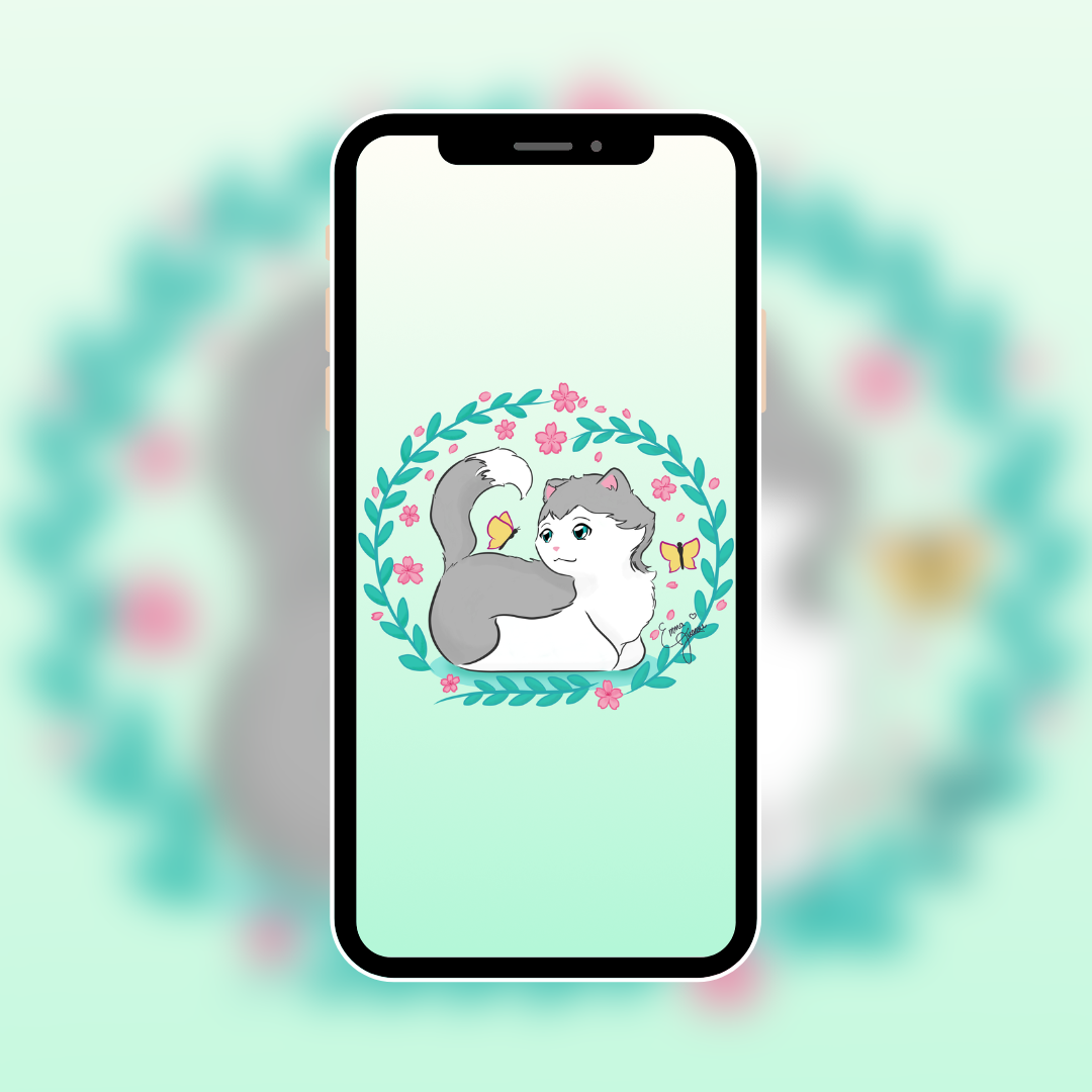 Sakura Kitty and the Butterfly Wreath - Mobile Wallpaper - Available in 5 Colors