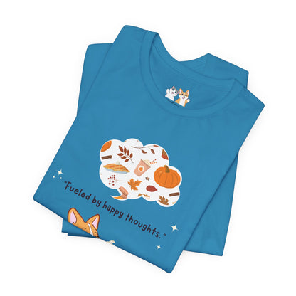 Corgi is Fueled by Happy Thoughts of Fall and Pumpkin Spice - Super Soft Cotton Airlume Unisex T-Shirt (Large Graphic)