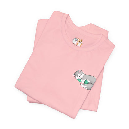 Kitty and Corgi — Sleepy Kitty Snuggling Her Dino Plushie — Super Soft Cotton Airlume Unisex T-Shirt