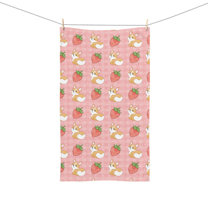 Corgi Butt and Strawberries Pink Hearts Gingham Hand Towel