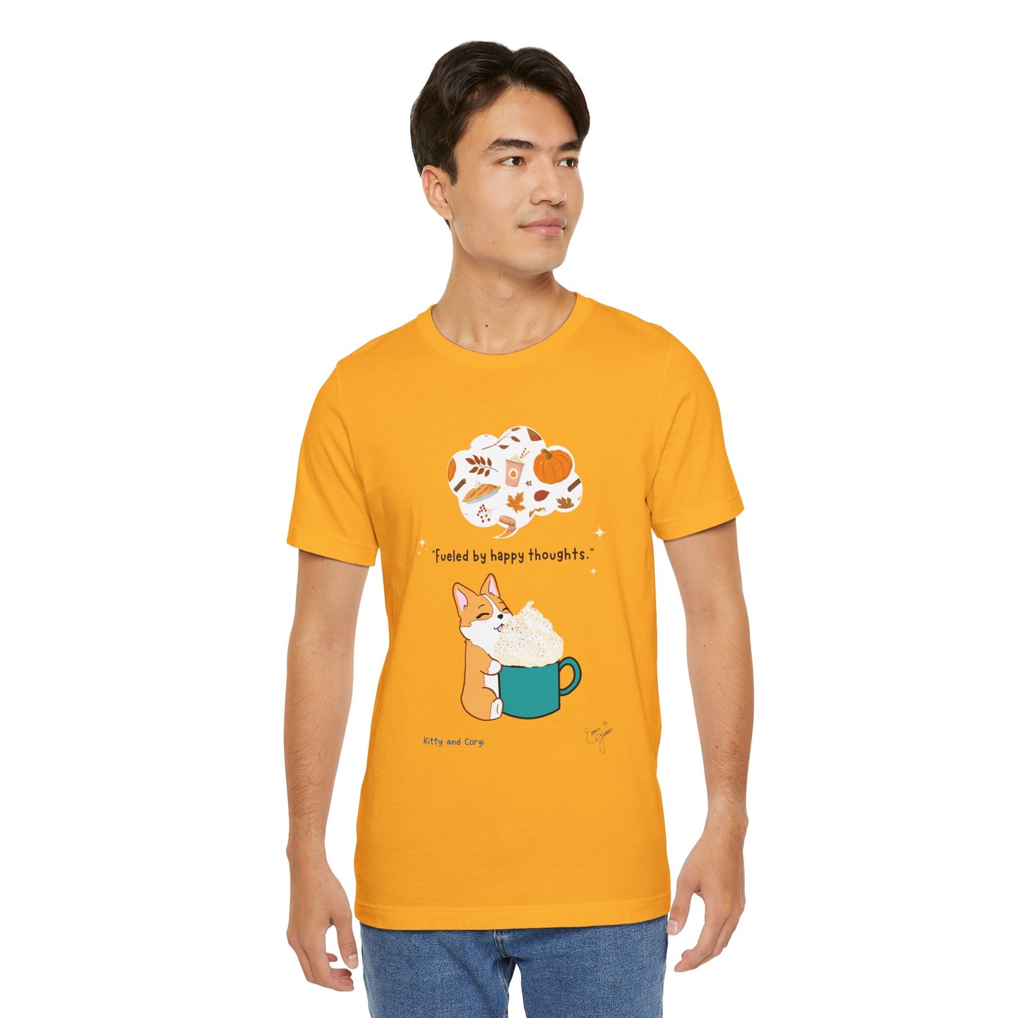Corgi is Fueled by Happy Thoughts of Fall and Pumpkin Spice - Super Soft Cotton Airlume Unisex T-Shirt (Large Graphic)