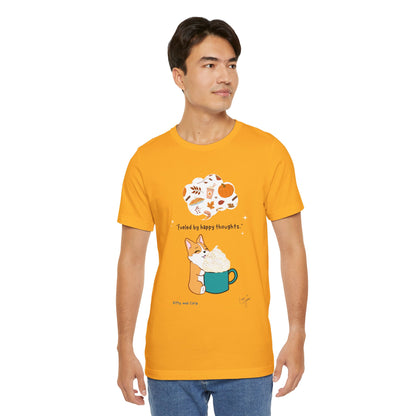 Corgi is Fueled by Happy Thoughts of Fall and Pumpkin Spice - Super Soft Cotton Airlume Unisex T-Shirt (Large Graphic)