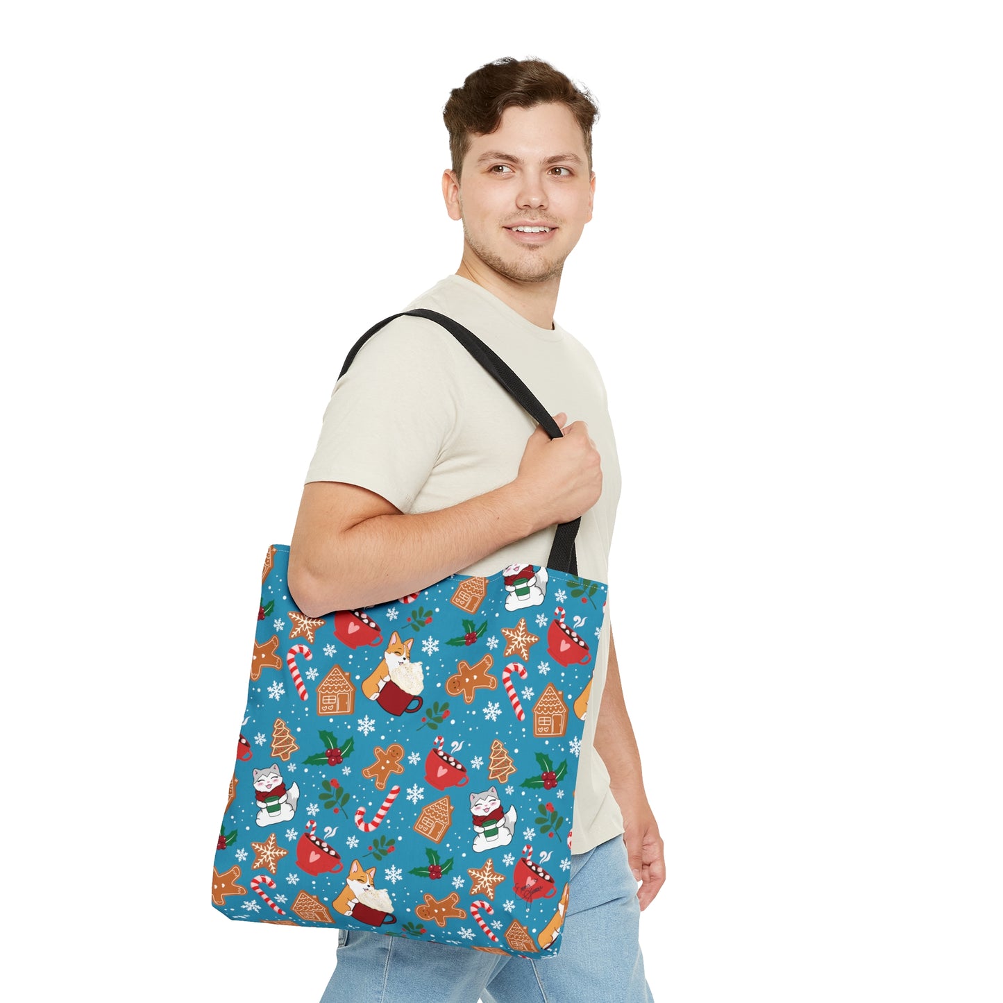 Kitty and Corgi Cocoa and Gingerbread Patterned Turquoise Tote Bag